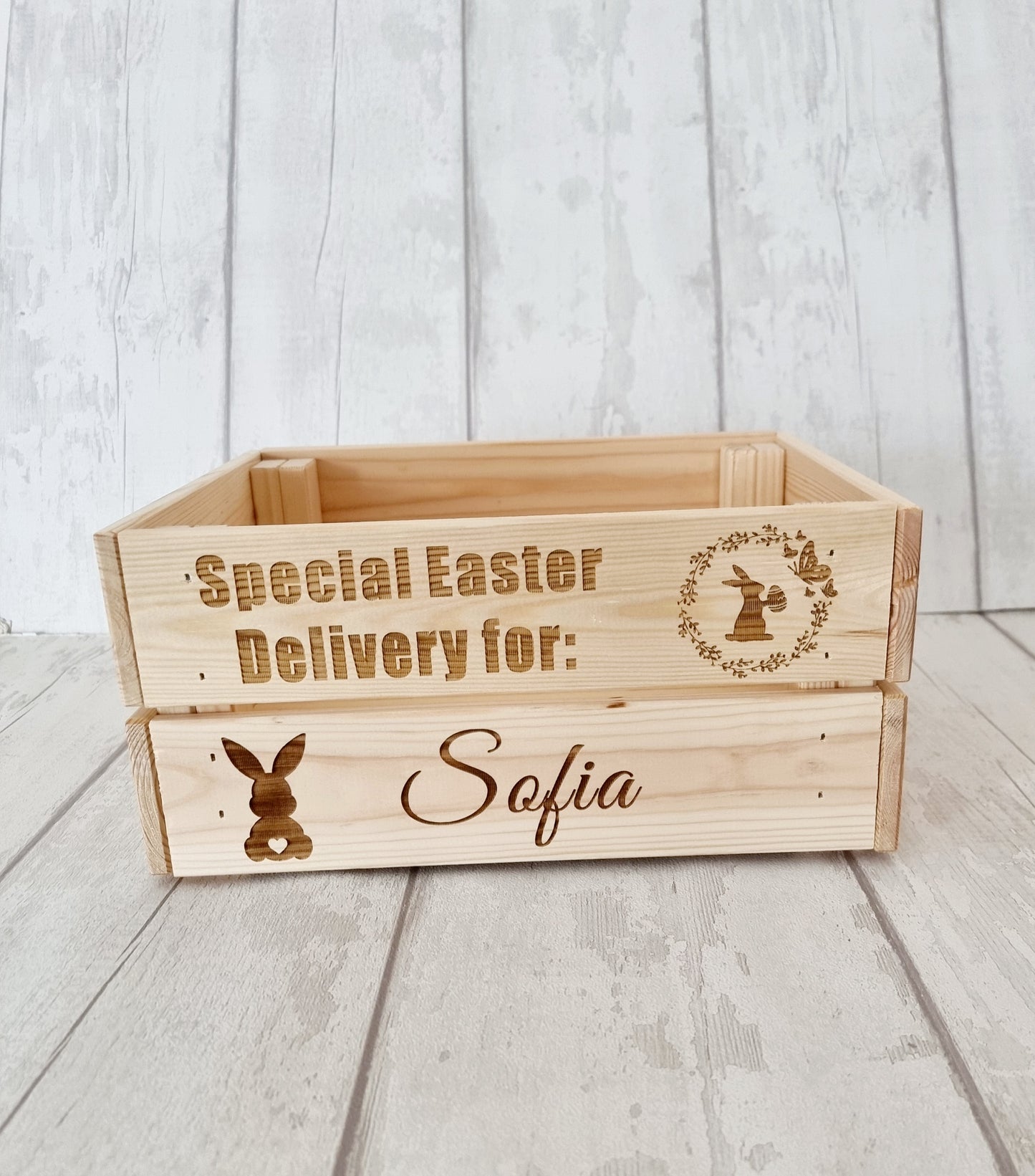 Personalised wooden Easter crate, treats.