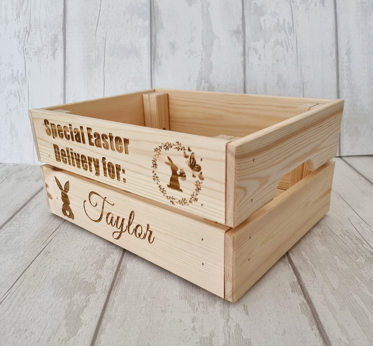 Personalised wooden Easter crate, treats.