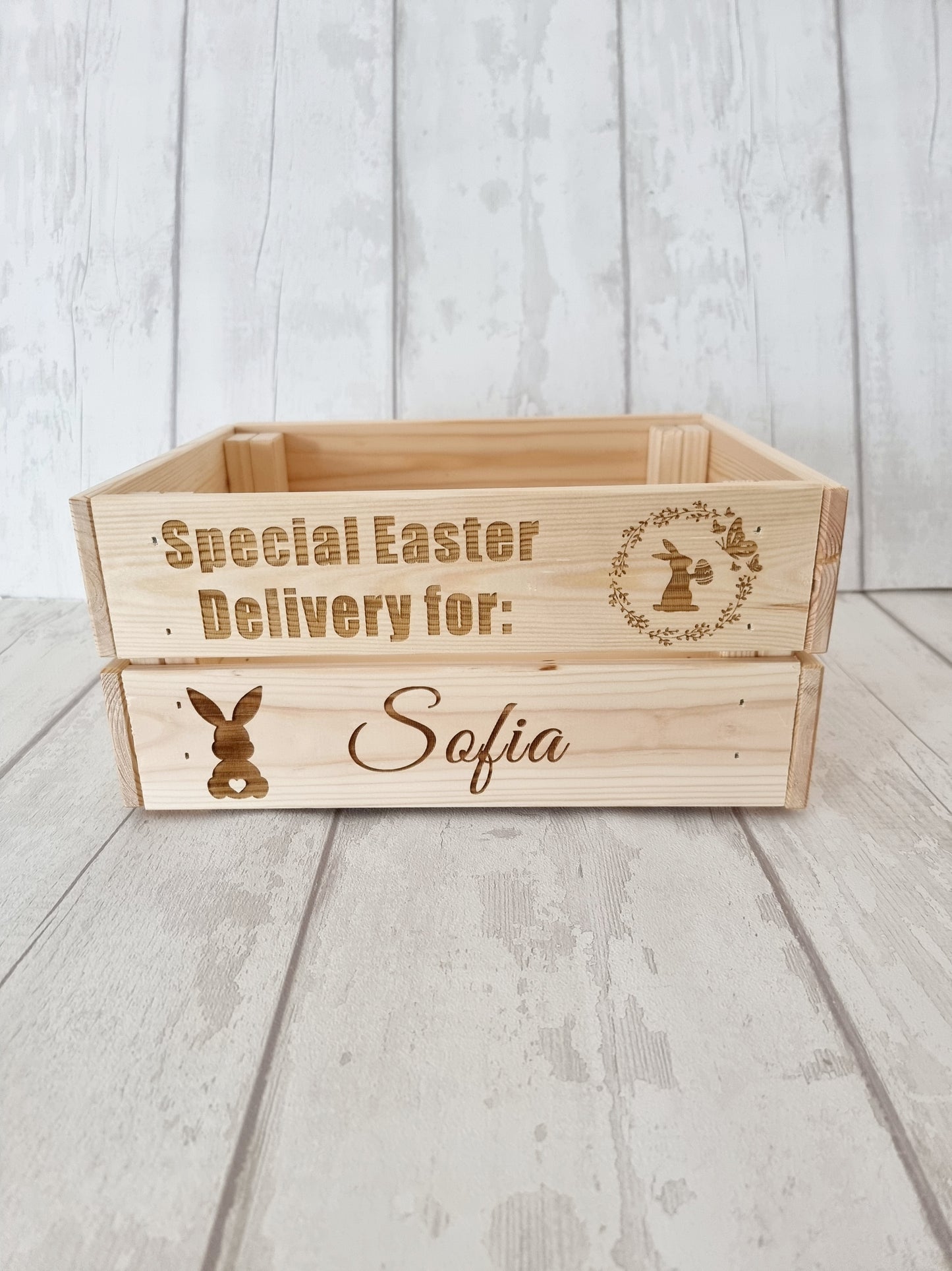 Personalised wooden Easter crate, treats.