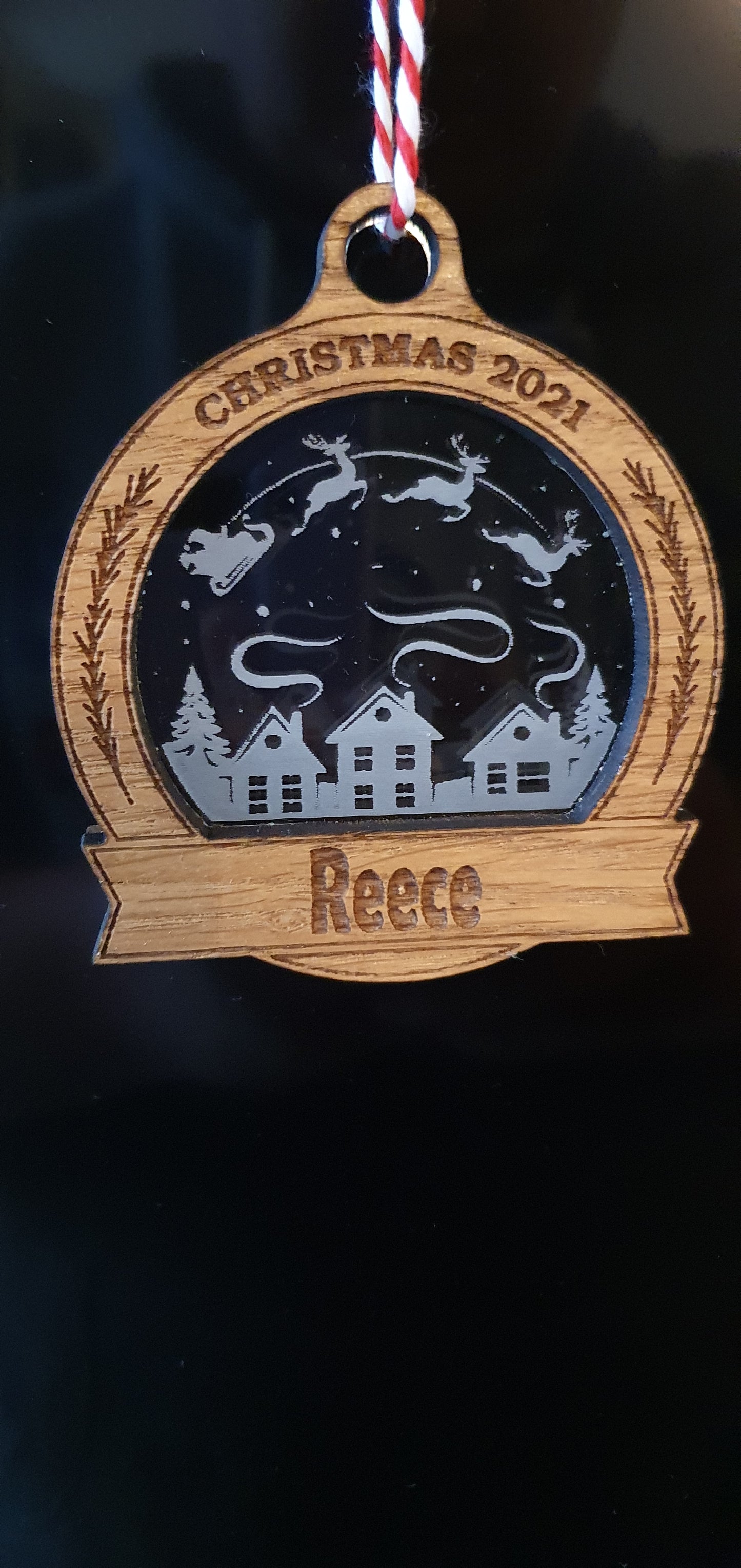 Personalised wood and acrylic bauble. - LaserGiftsuk
