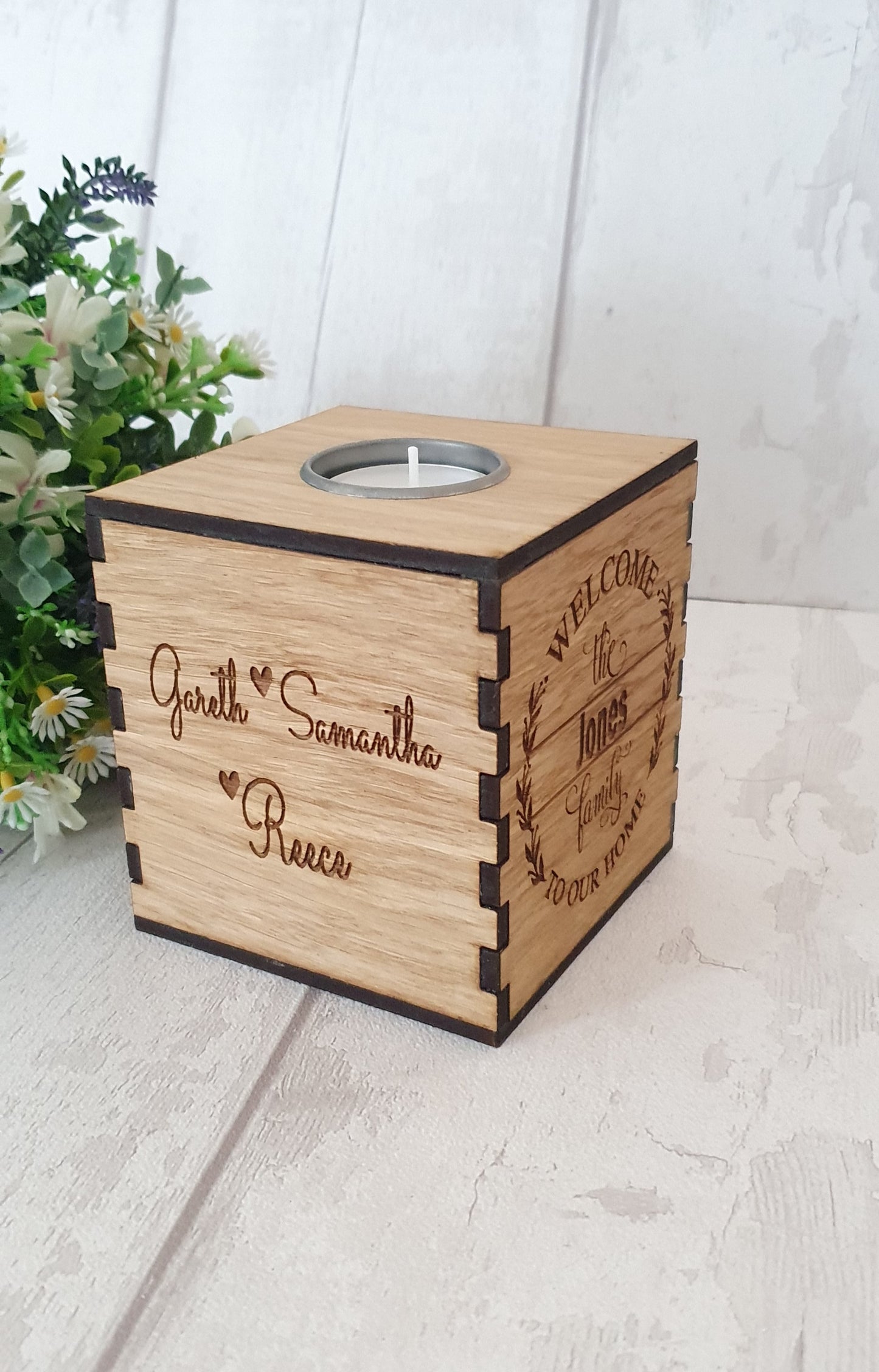 Personalised Oak venner candle holder. - LaserGiftsuk