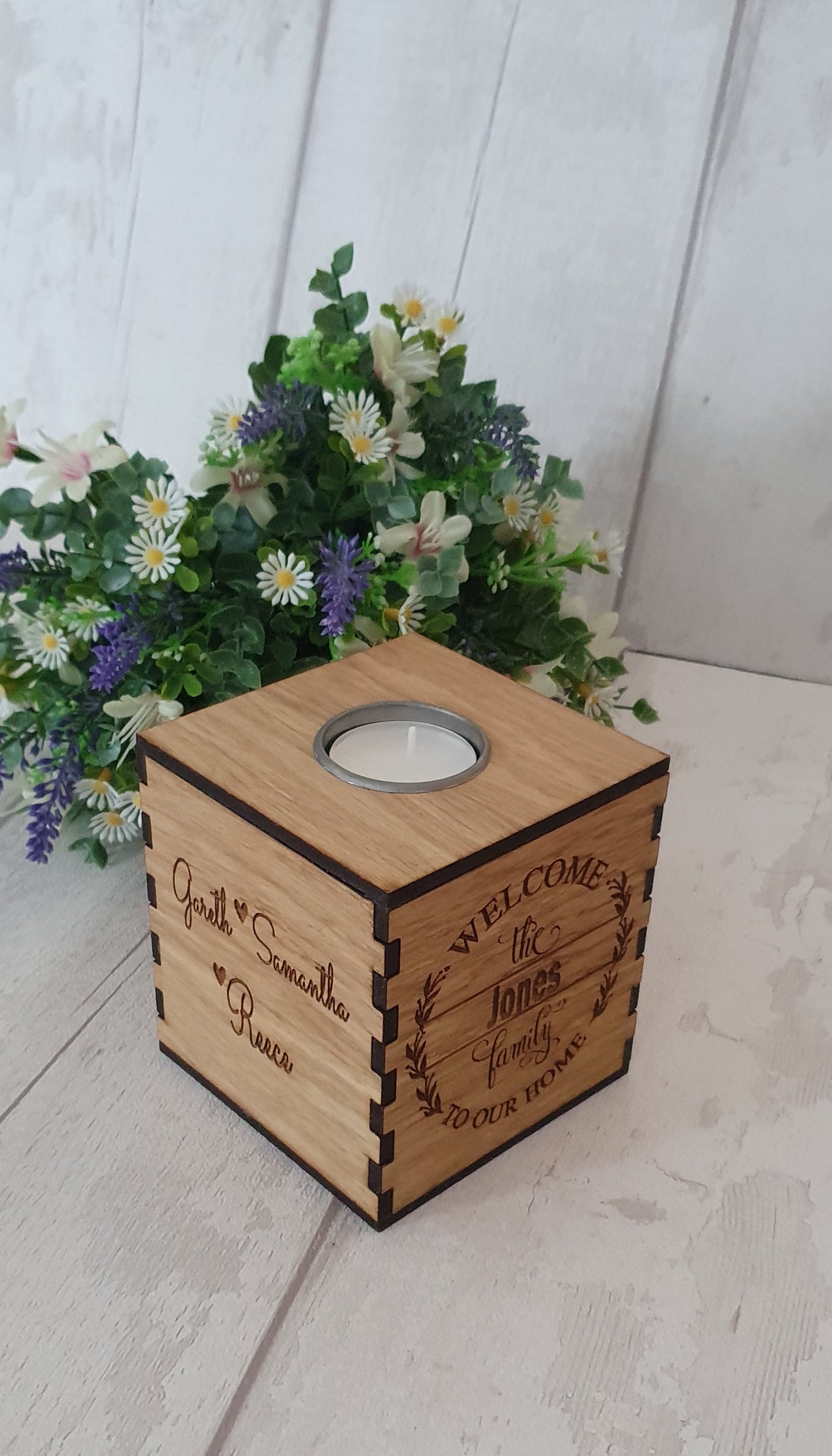 Personalised Oak venner candle holder. - LaserGiftsuk