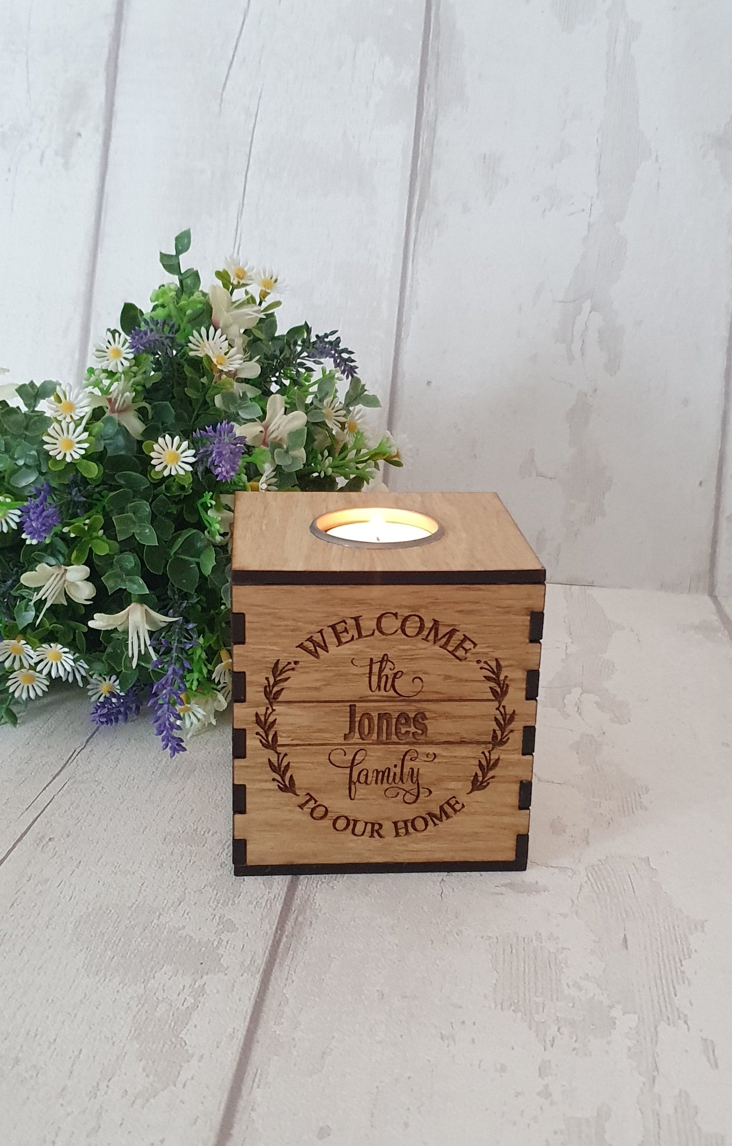 Personalised Oak venner candle holder. - LaserGiftsuk