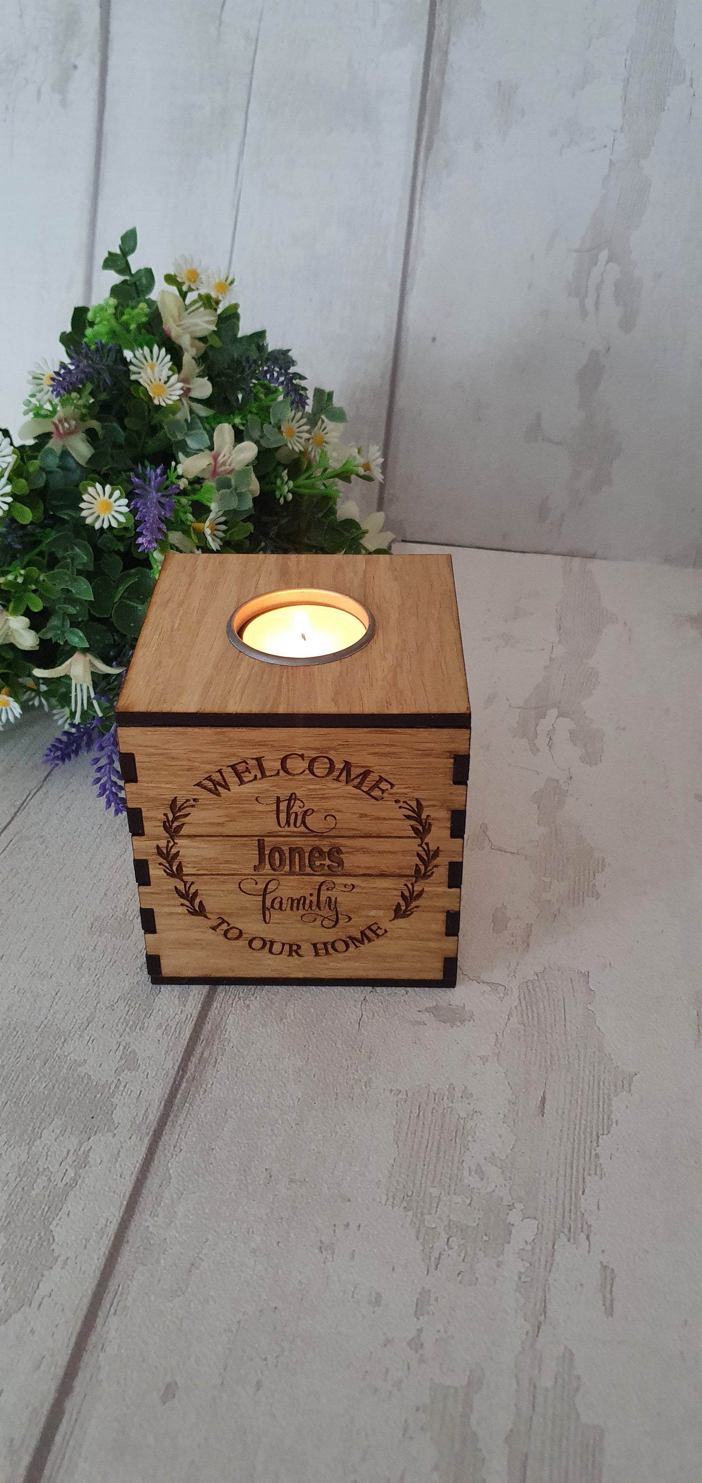 Personalised Oak venner candle holder. - LaserGiftsuk