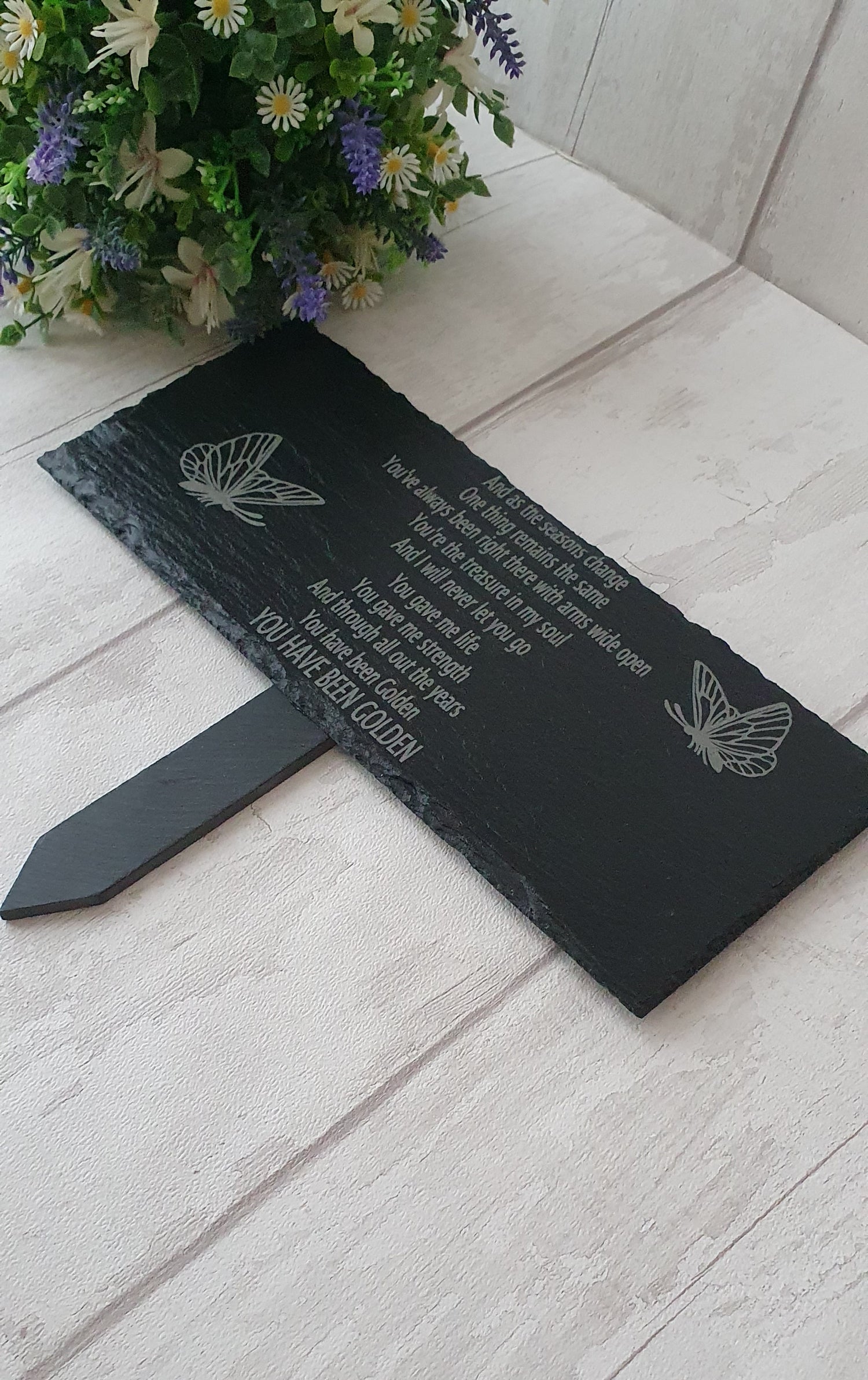 Beautiful personalised memorial slate, engraved with slate grounding spike. - LaserGiftsuk