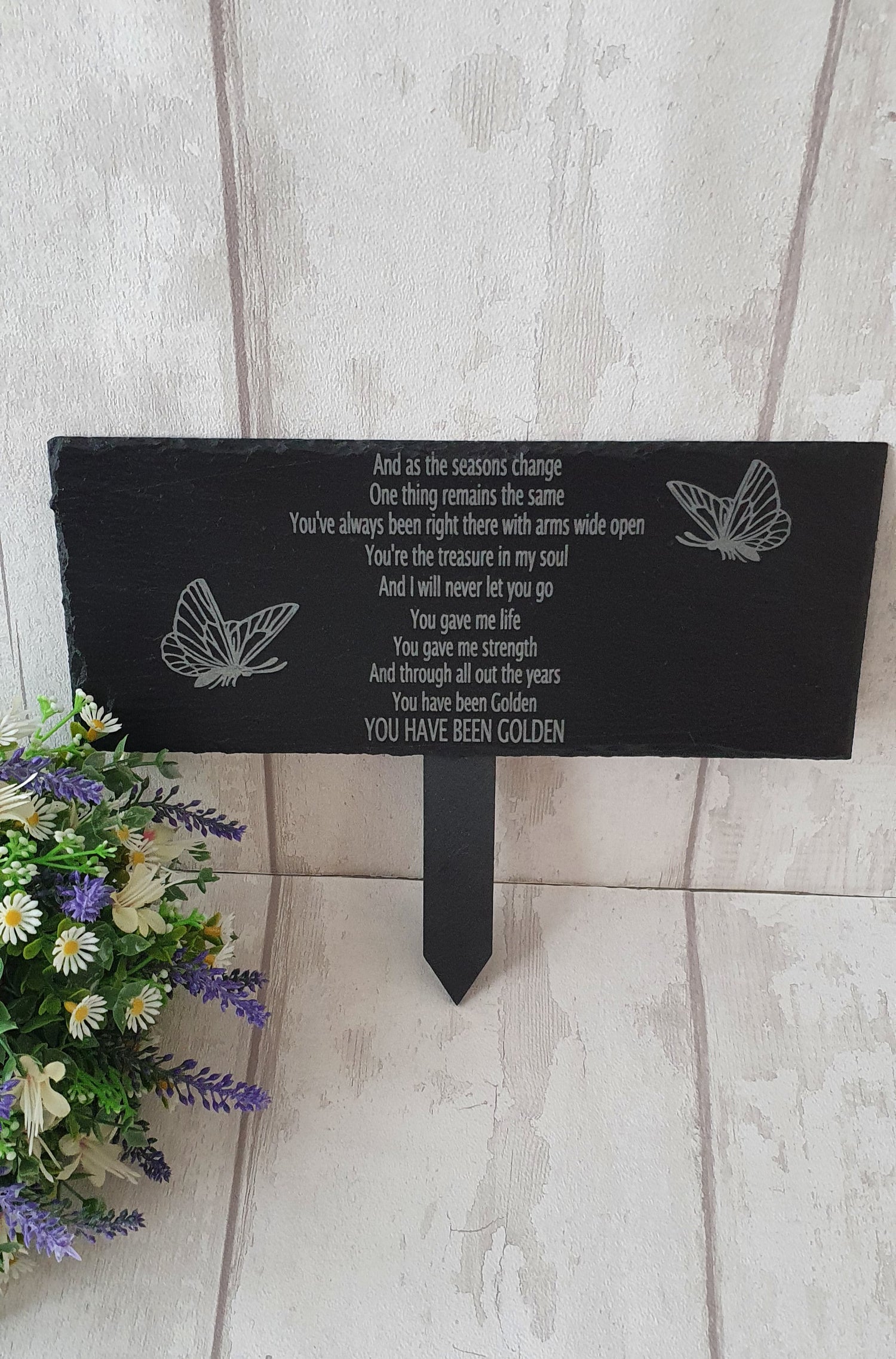 Beautiful personalised memorial slate, engraved with slate grounding spike. - LaserGiftsuk