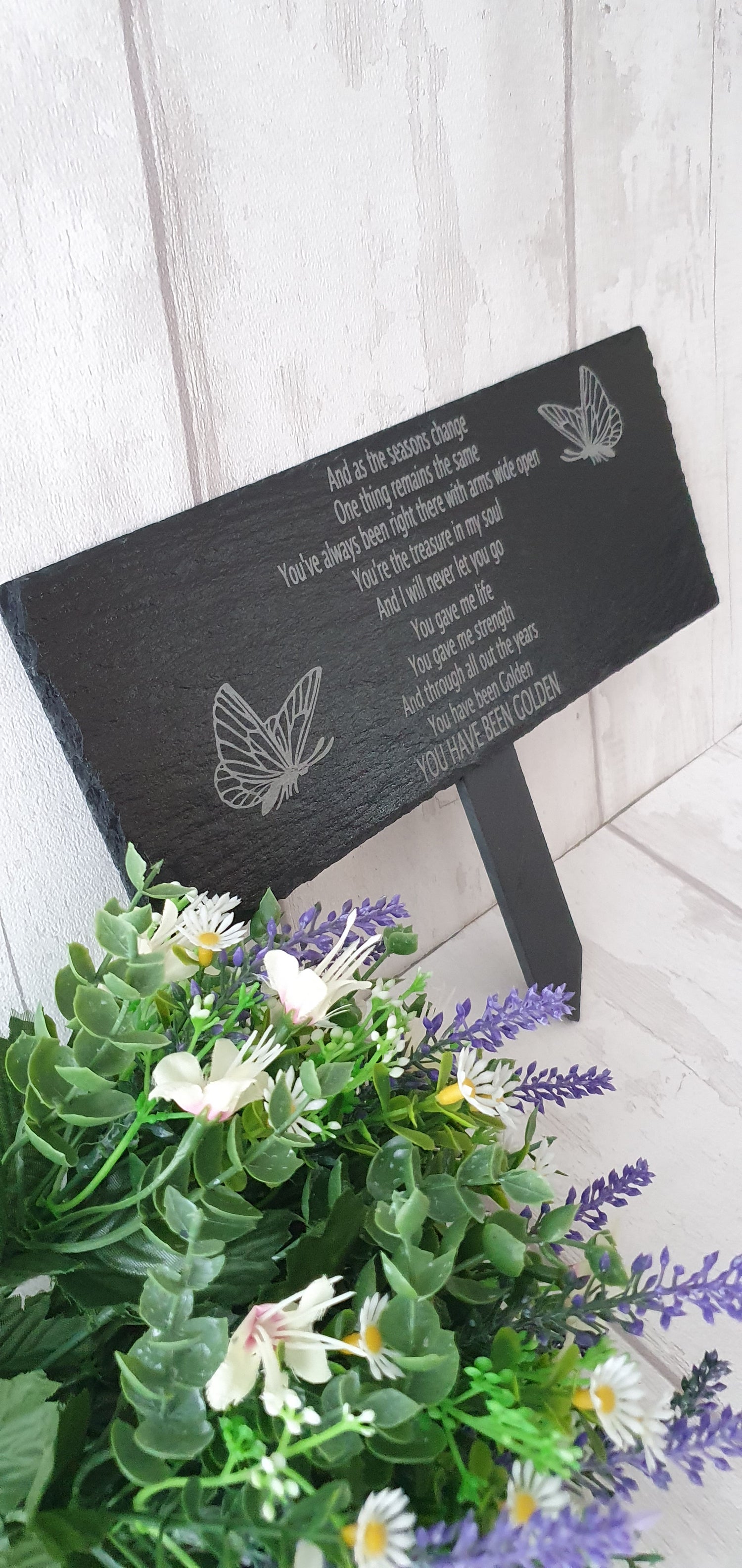 Beautiful personalised memorial slate, engraved with slate grounding spike. - LaserGiftsuk