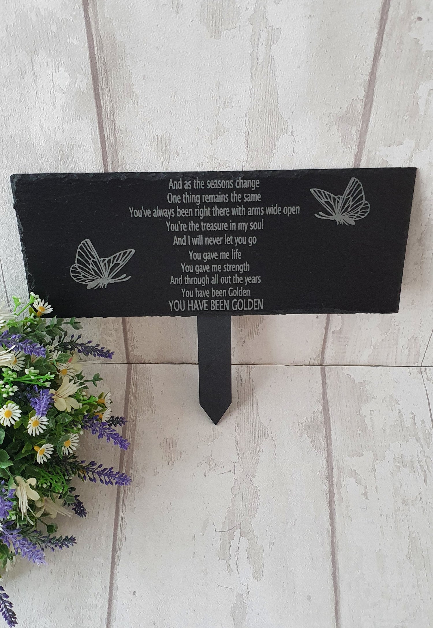 Beautiful personalised memorial slate, engraved with slate grounding spike. - LaserGiftsuk