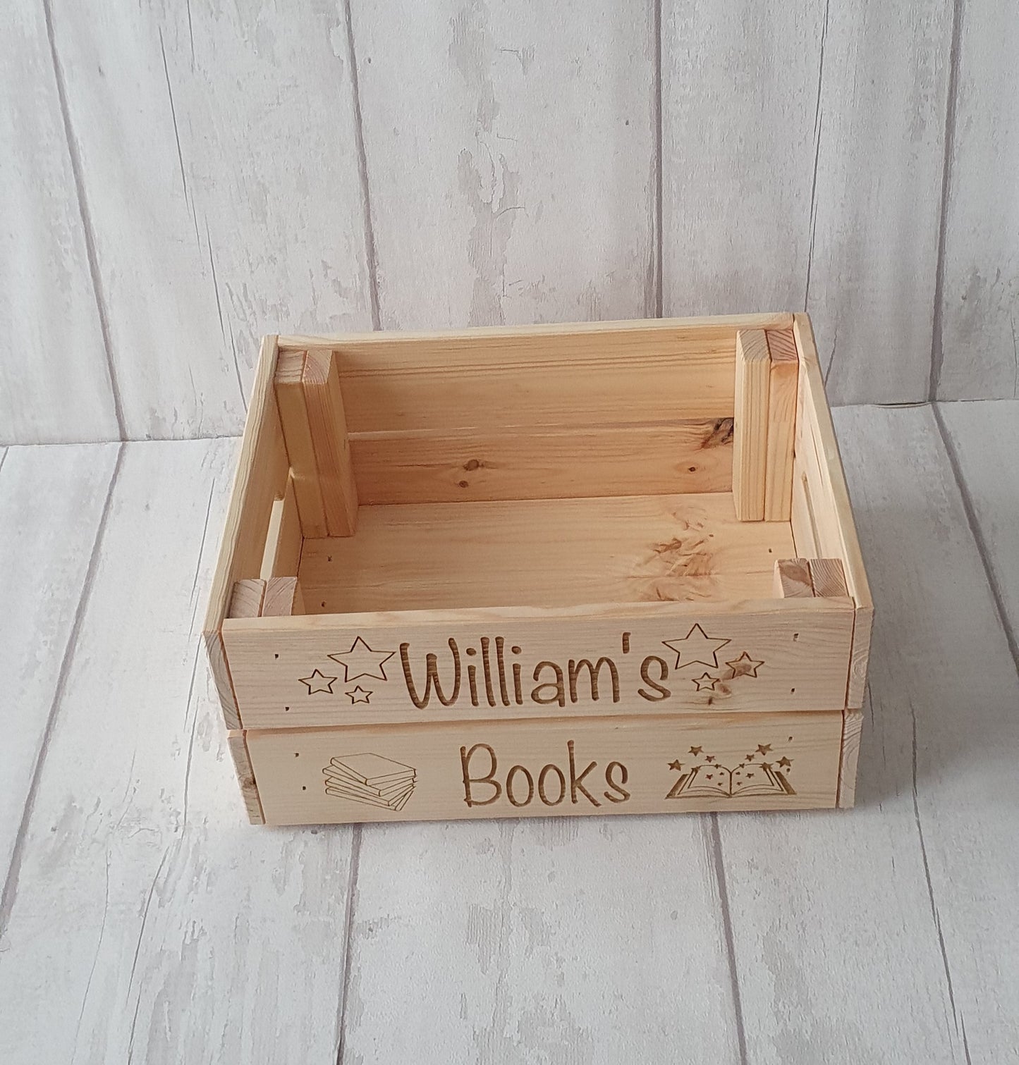 Personalised wooden book box crate, book storage. - LaserGiftsuk