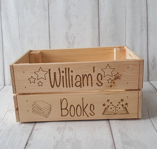 Personalised wooden book box crate, book storage. - LaserGiftsuk