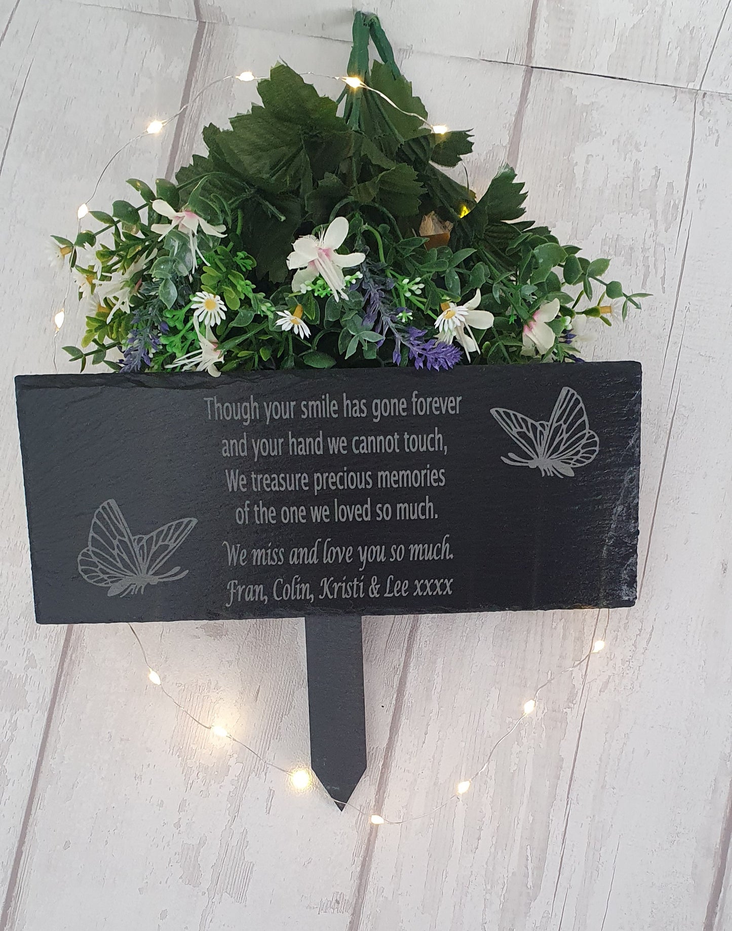 Beautiful personalised memorial slate, engraved with slate grounding spike.