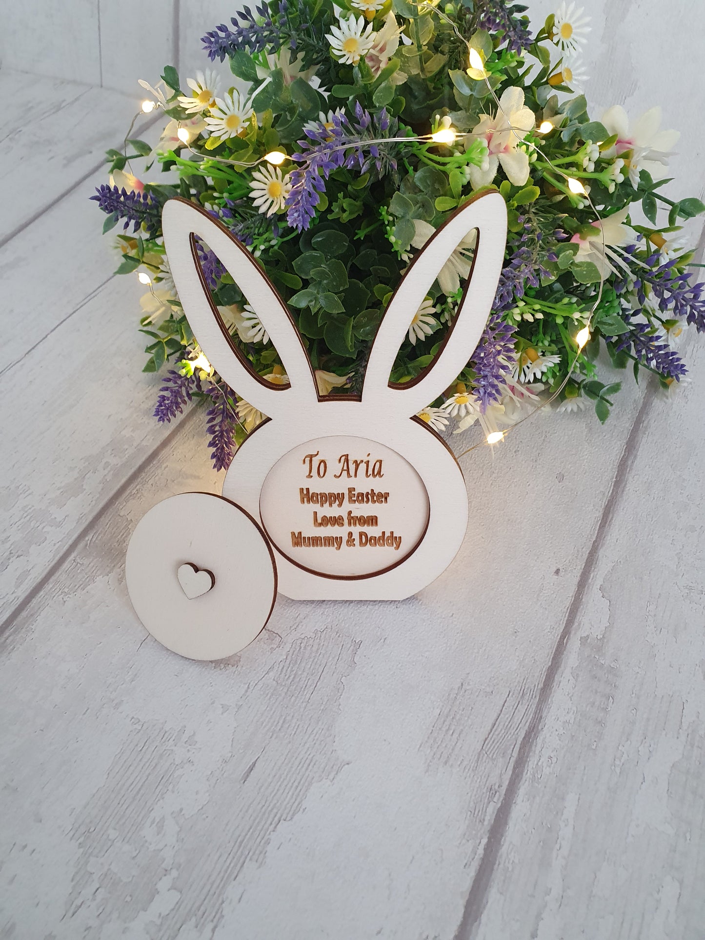 Personalised wooden Easter bunny card.
