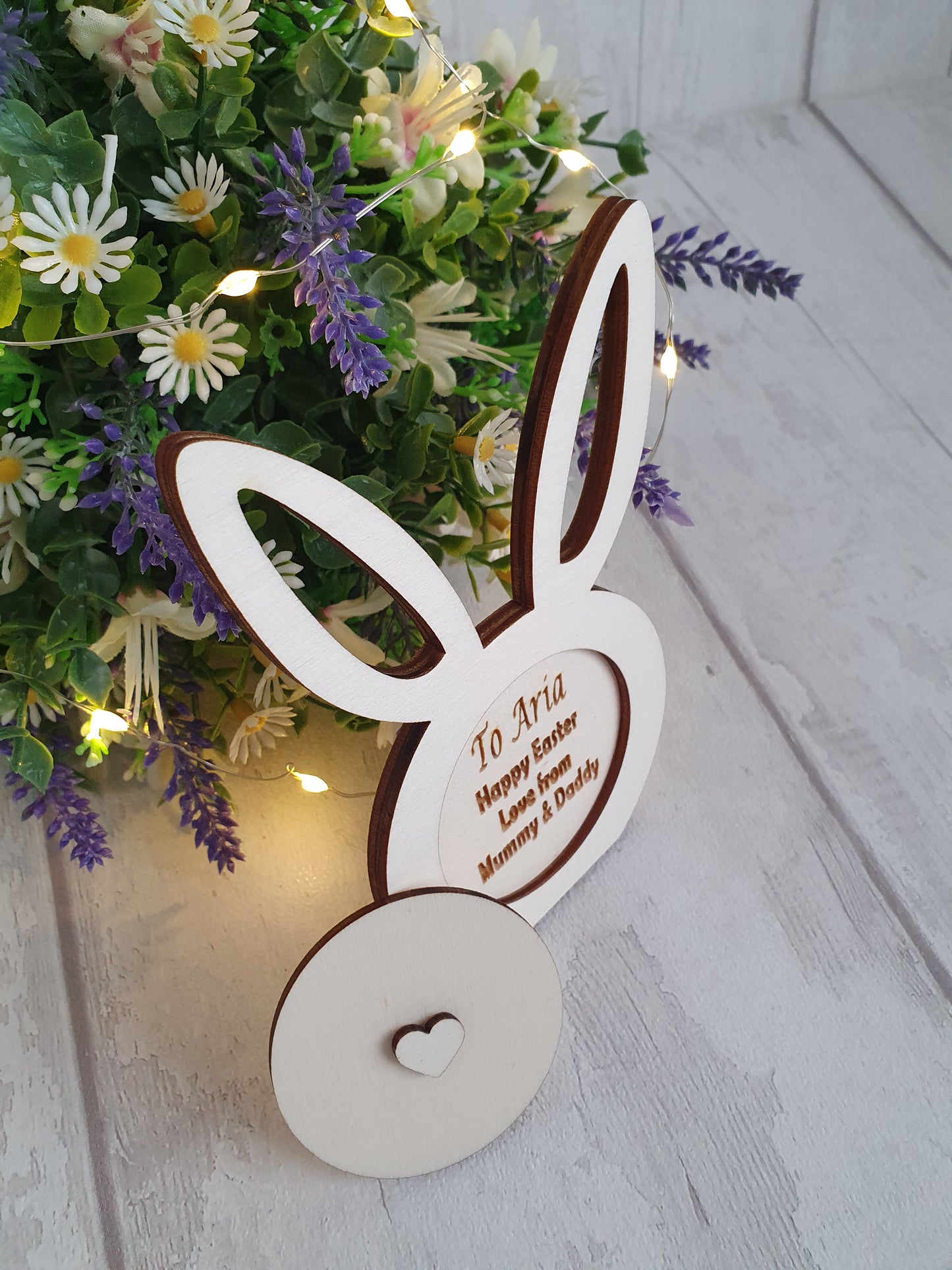 Personalised wooden Easter bunny card.