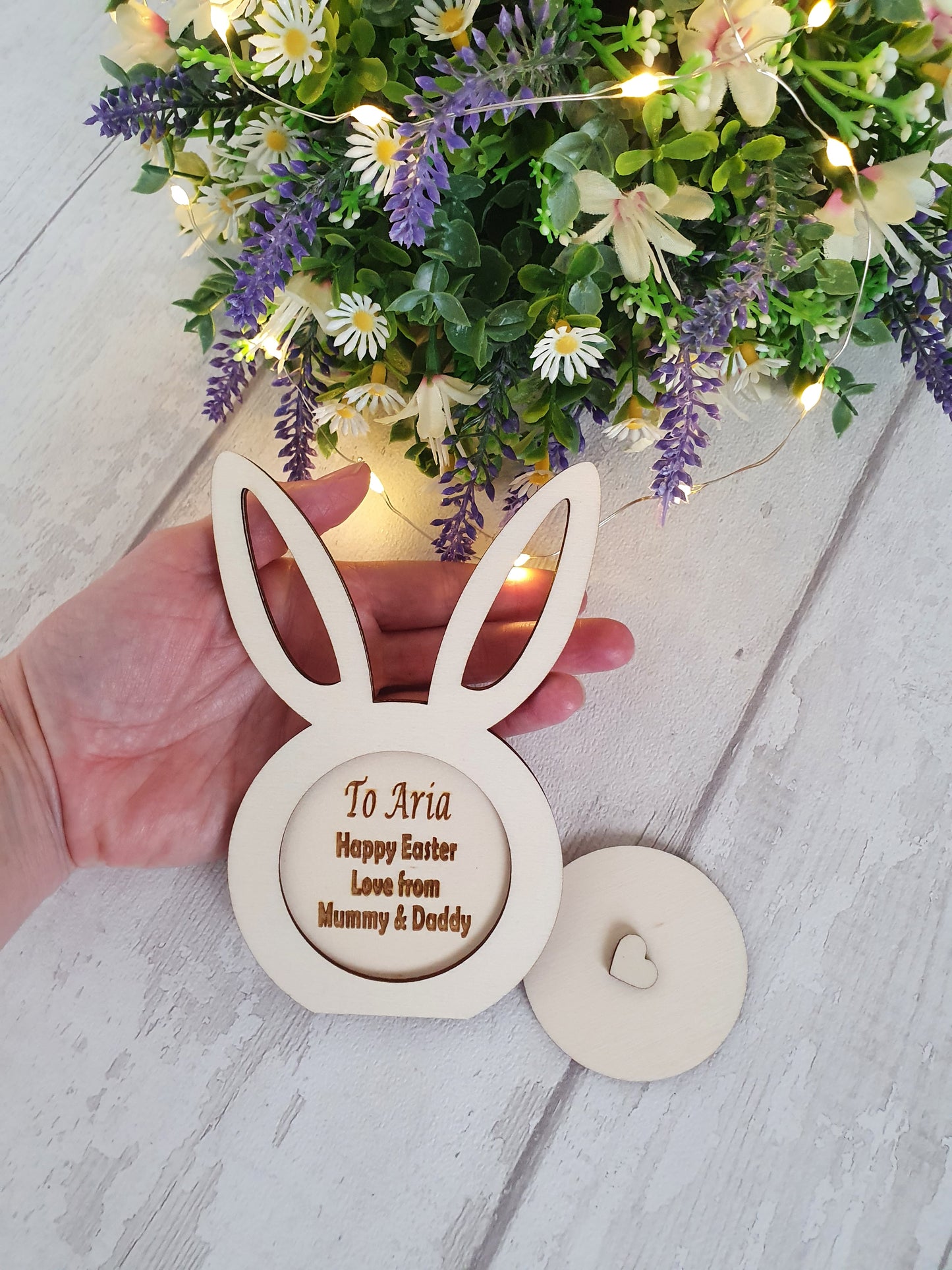 Personalised wooden Easter bunny card.