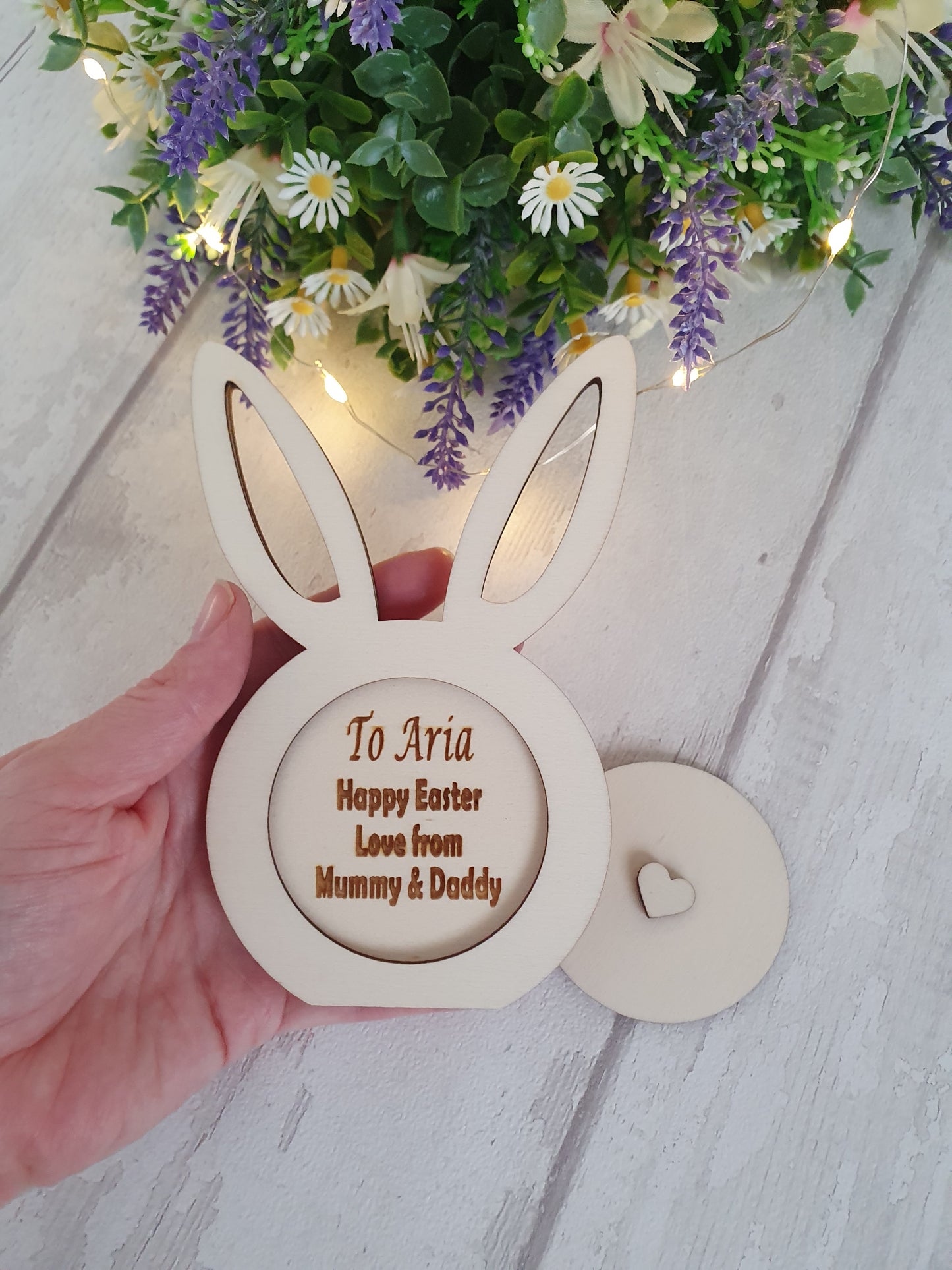 Personalised wooden Easter bunny card.