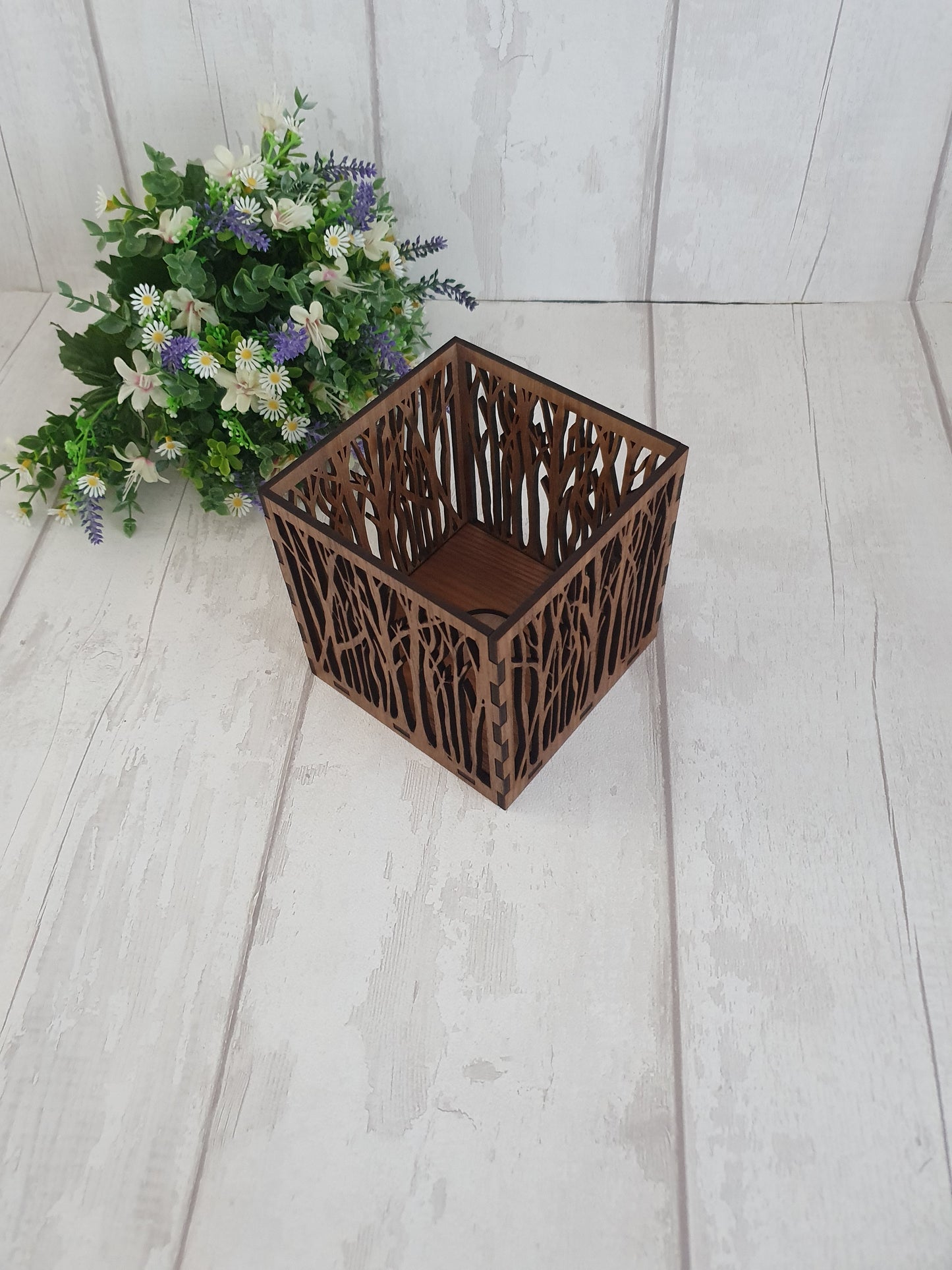 Personalised wooden tree lantern, laser cut.