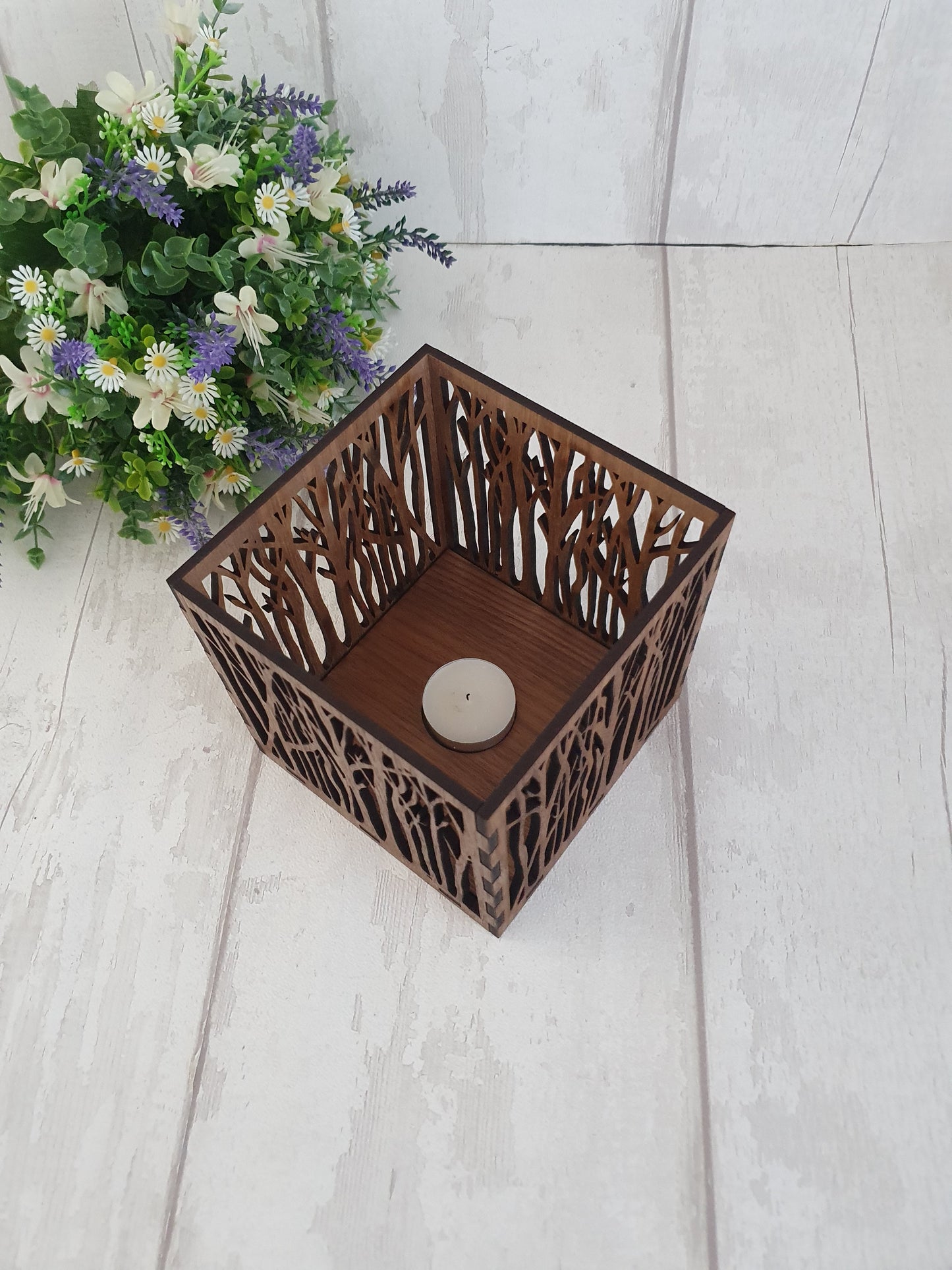 Personalised wooden tree lantern, laser cut.