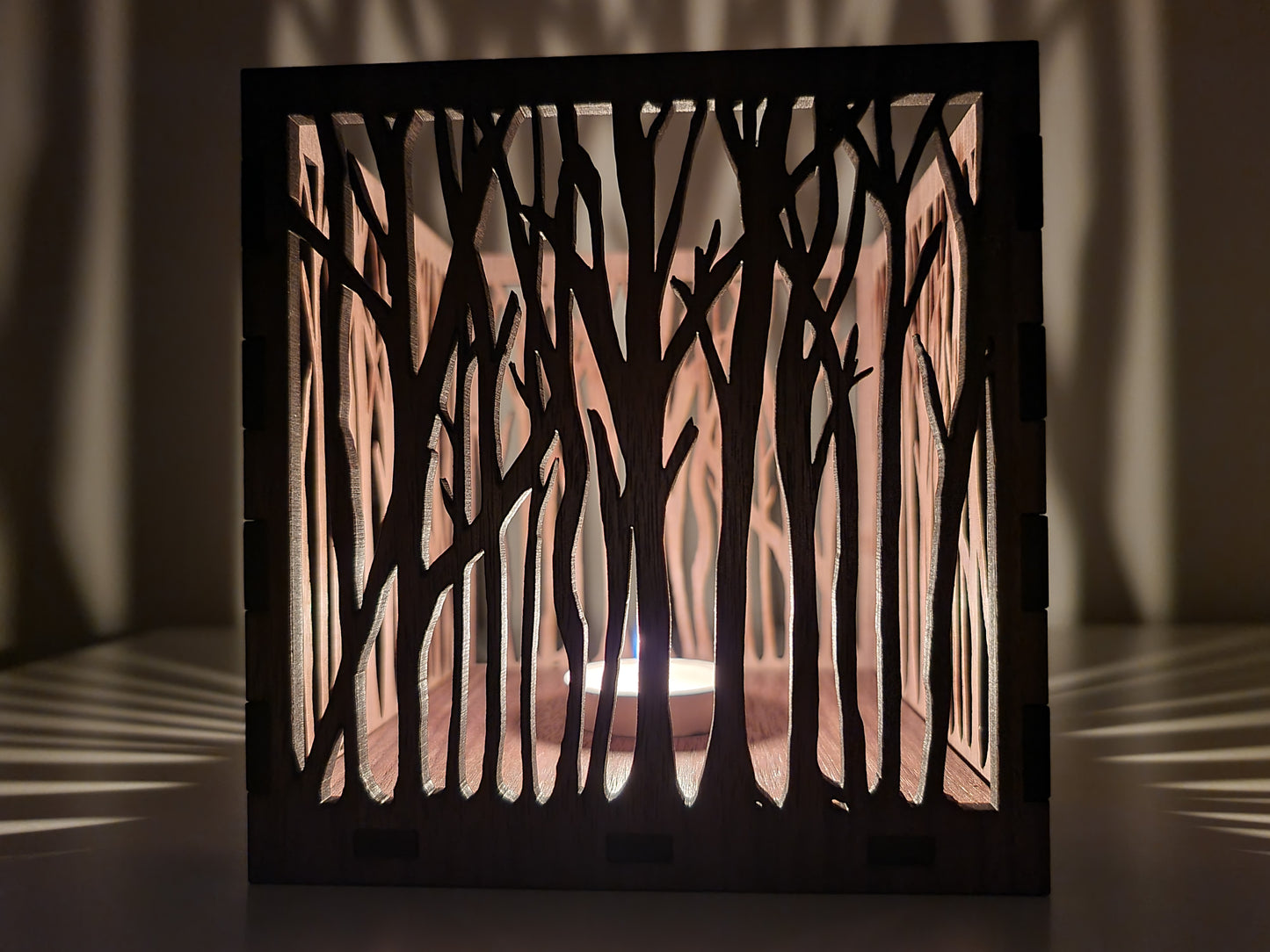 Personalised wooden tree lantern, laser cut.