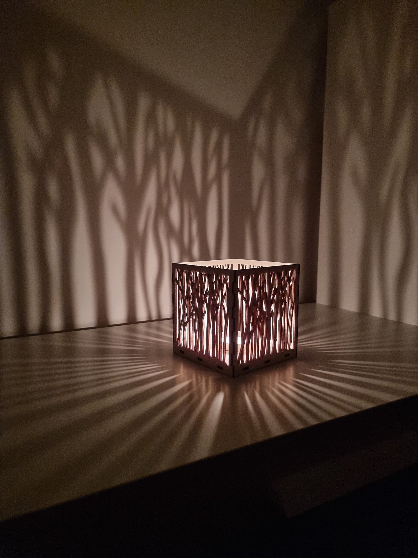 Personalised wooden tree lantern, laser cut.