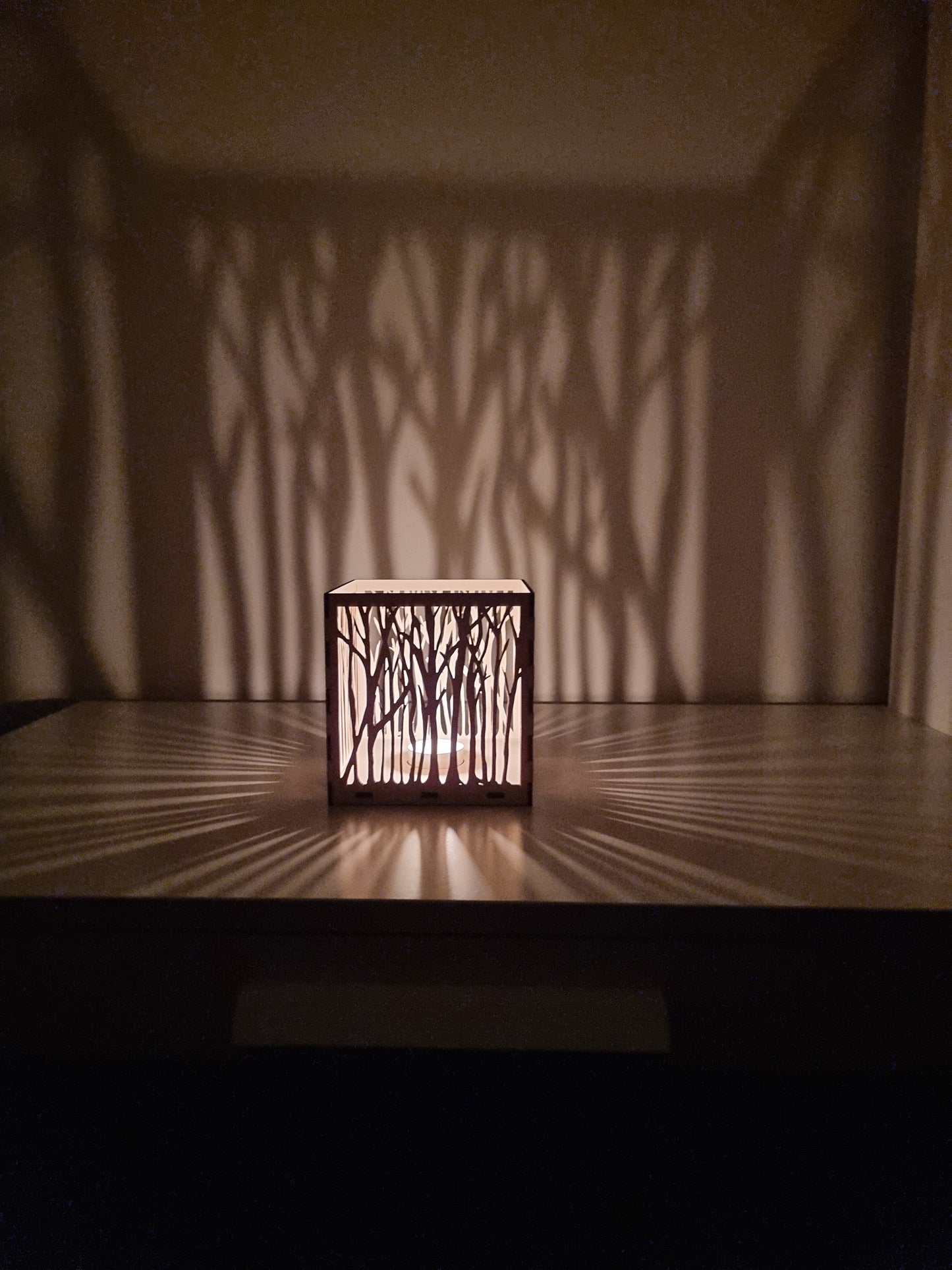 Personalised wooden tree lantern, laser cut.