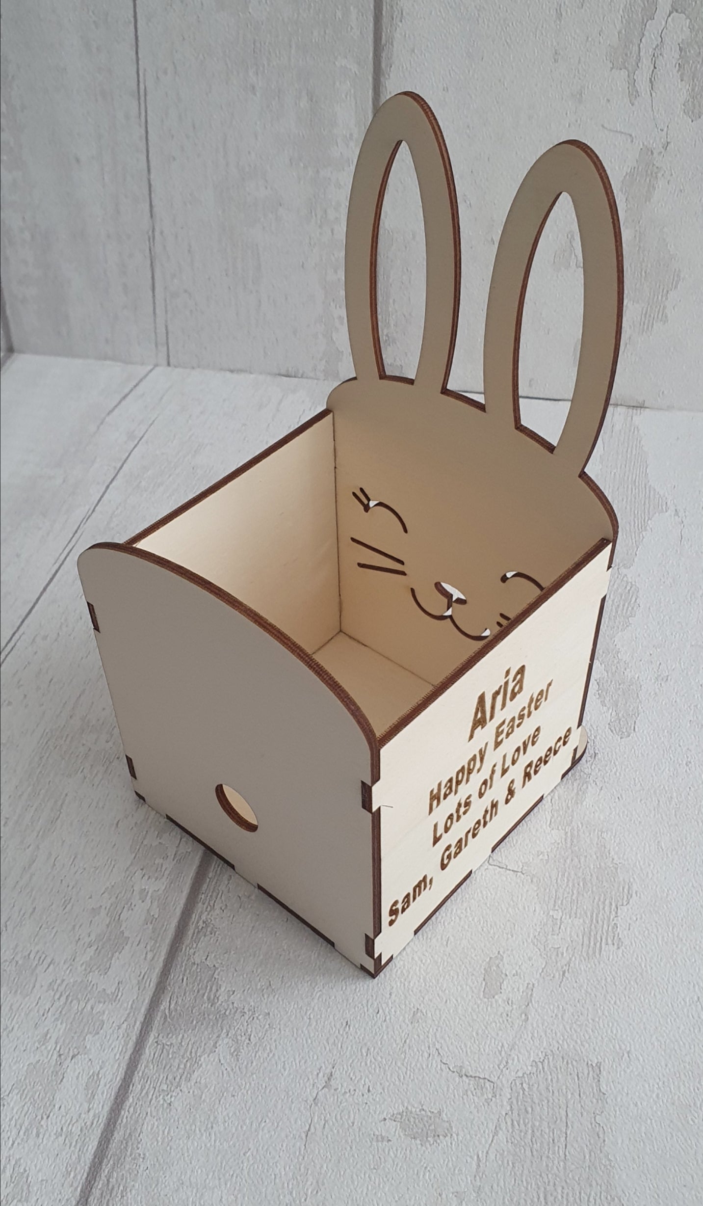 Personalised wooden Easter bunny basket.