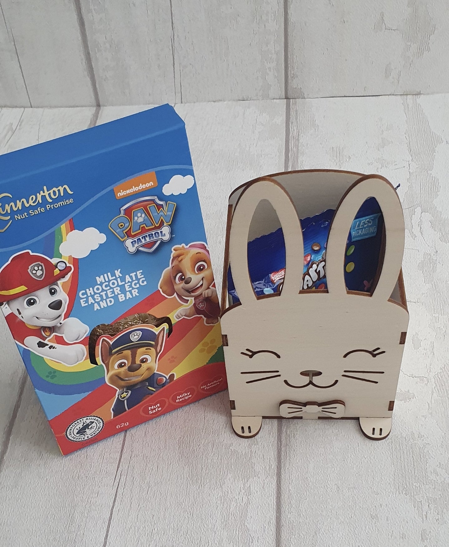 Personalised wooden Easter bunny basket.