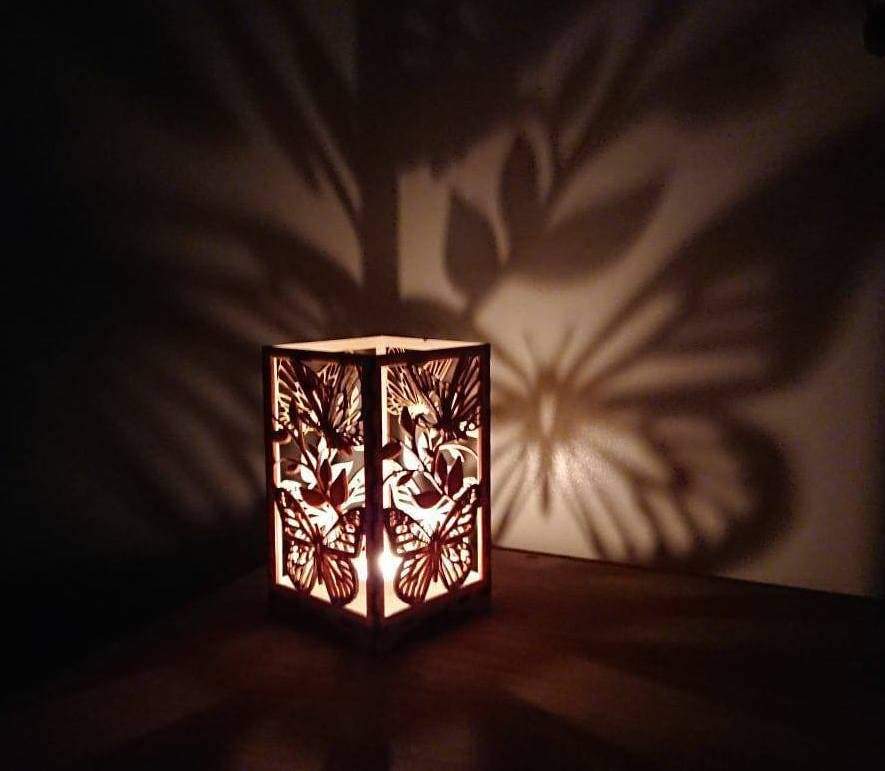 Beautiful Laser cut Butterfly tea light holder with candle. - LaserGiftsuk