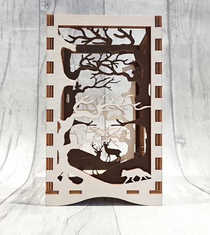 Beautiful double layered laser cut tea light holder woodland scene. - LaserGiftsuk