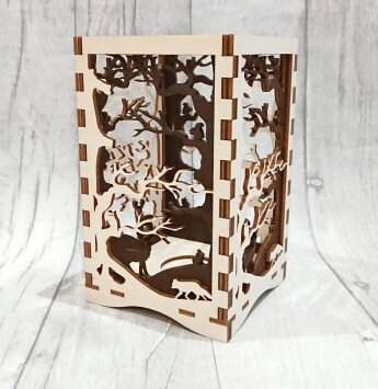 Beautiful double layered laser cut tea light holder woodland scene. - LaserGiftsuk