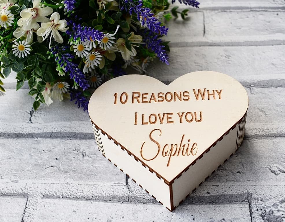 Laser cut heart box with 10 engraved personalised heart pieces. - LaserGiftsuk