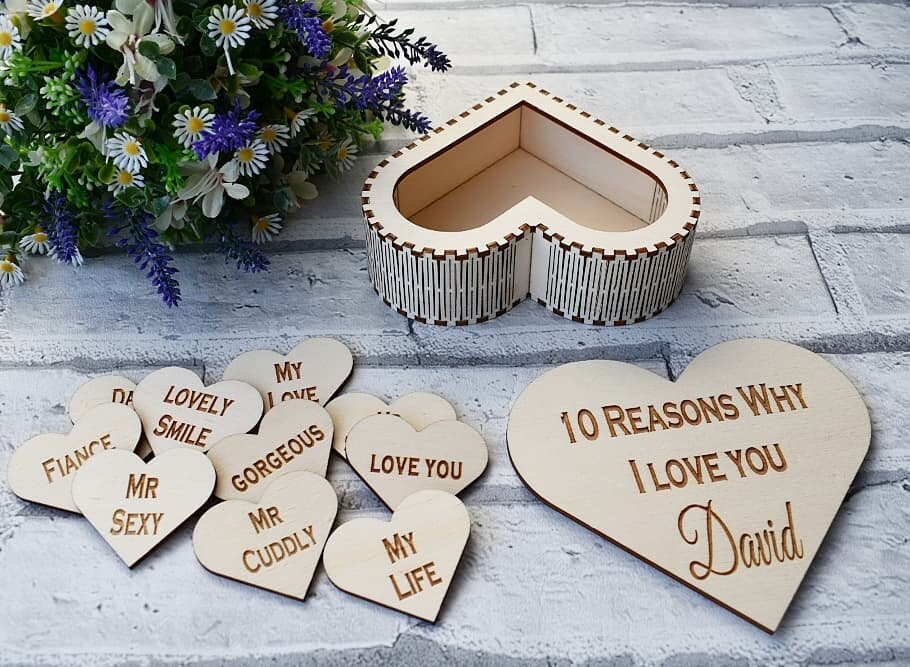 Laser cut heart box with 10 engraved personalised heart pieces. - LaserGiftsuk