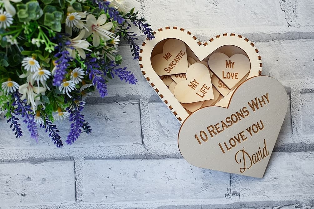 Laser cut heart box with 10 engraved personalised heart pieces. - LaserGiftsuk