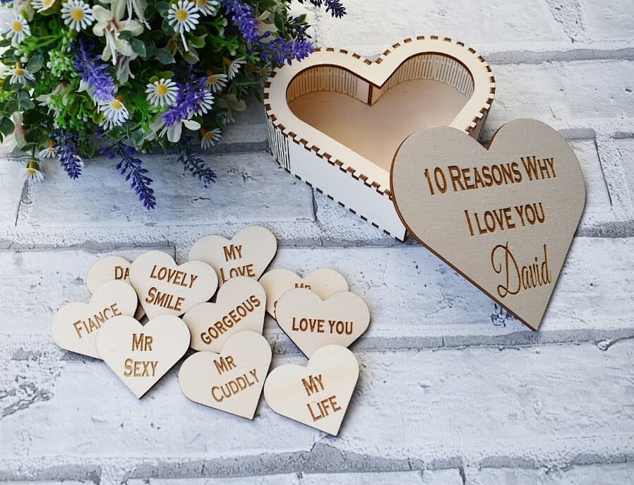 Laser cut heart box with 10 engraved personalised heart pieces. - LaserGiftsuk