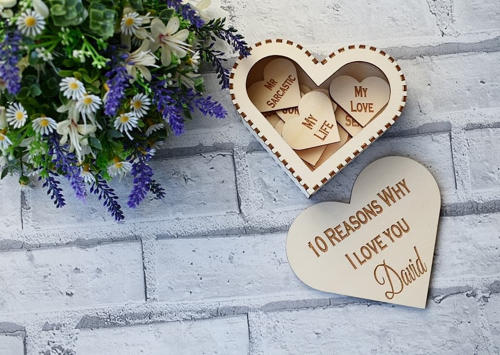 Laser cut heart box with 10 engraved personalised heart pieces. - LaserGiftsuk