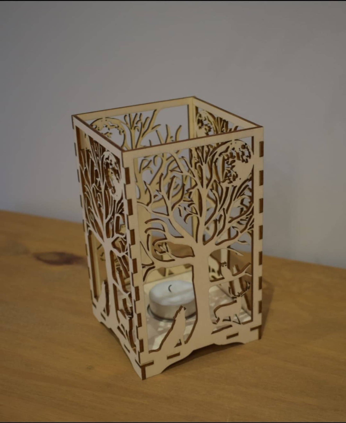 Beautiful laser cut tea light holder wolf and woodland design. - LaserGiftsuk