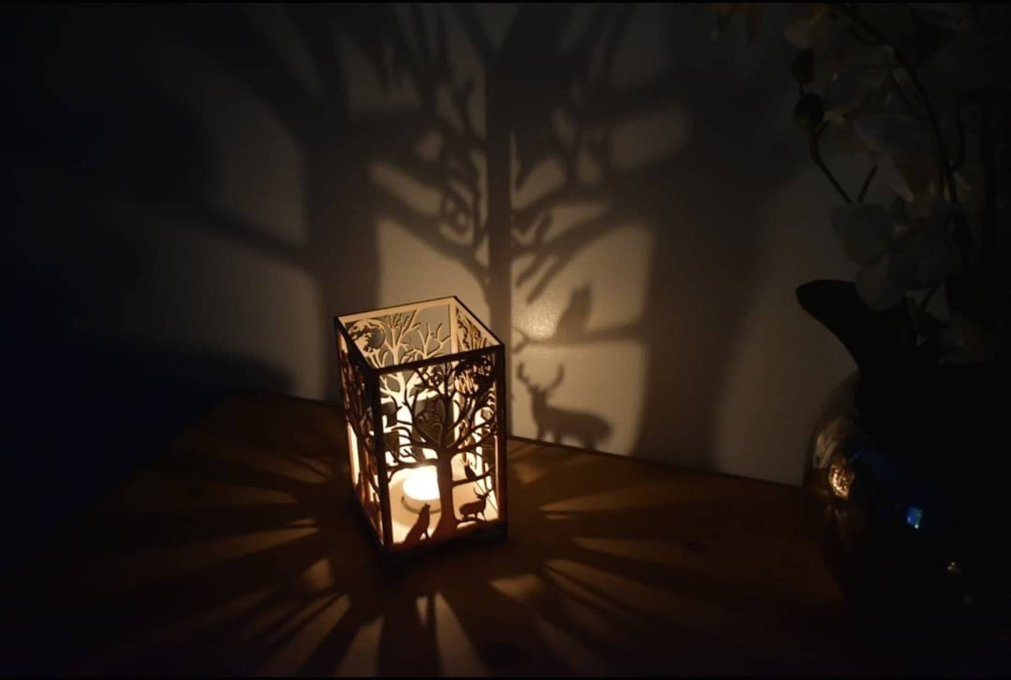 Beautiful laser cut tea light holder wolf and woodland design. - LaserGiftsuk