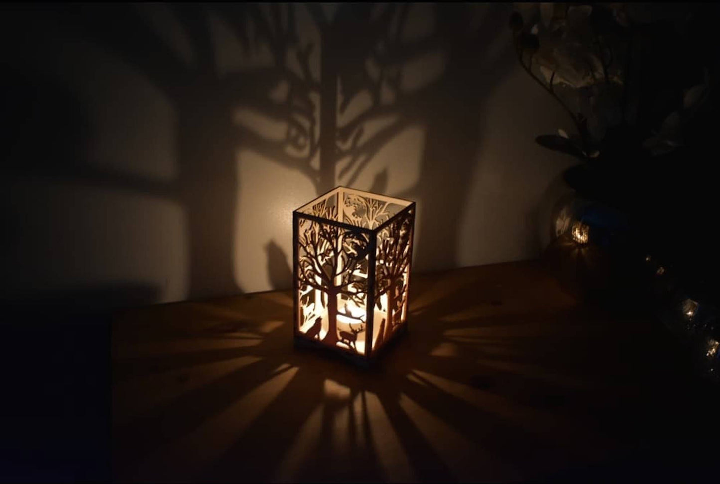 Beautiful laser cut tea light holder wolf and woodland design. - LaserGiftsuk