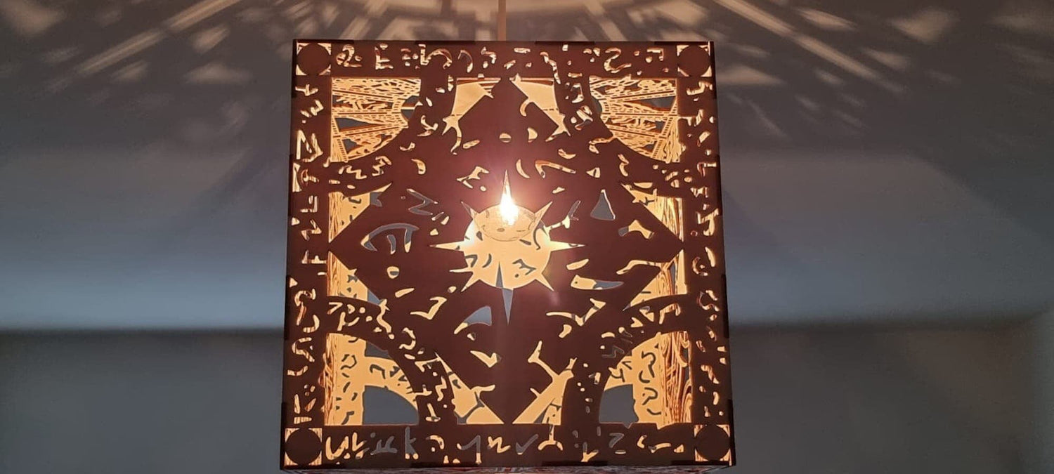 Bespoke made to order puzzle box detailed wooden light shade. - LaserGiftsuk