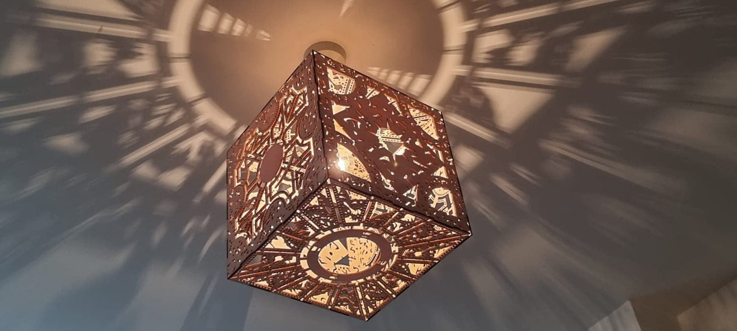 Bespoke made to order puzzle box detailed wooden light shade. - LaserGiftsuk
