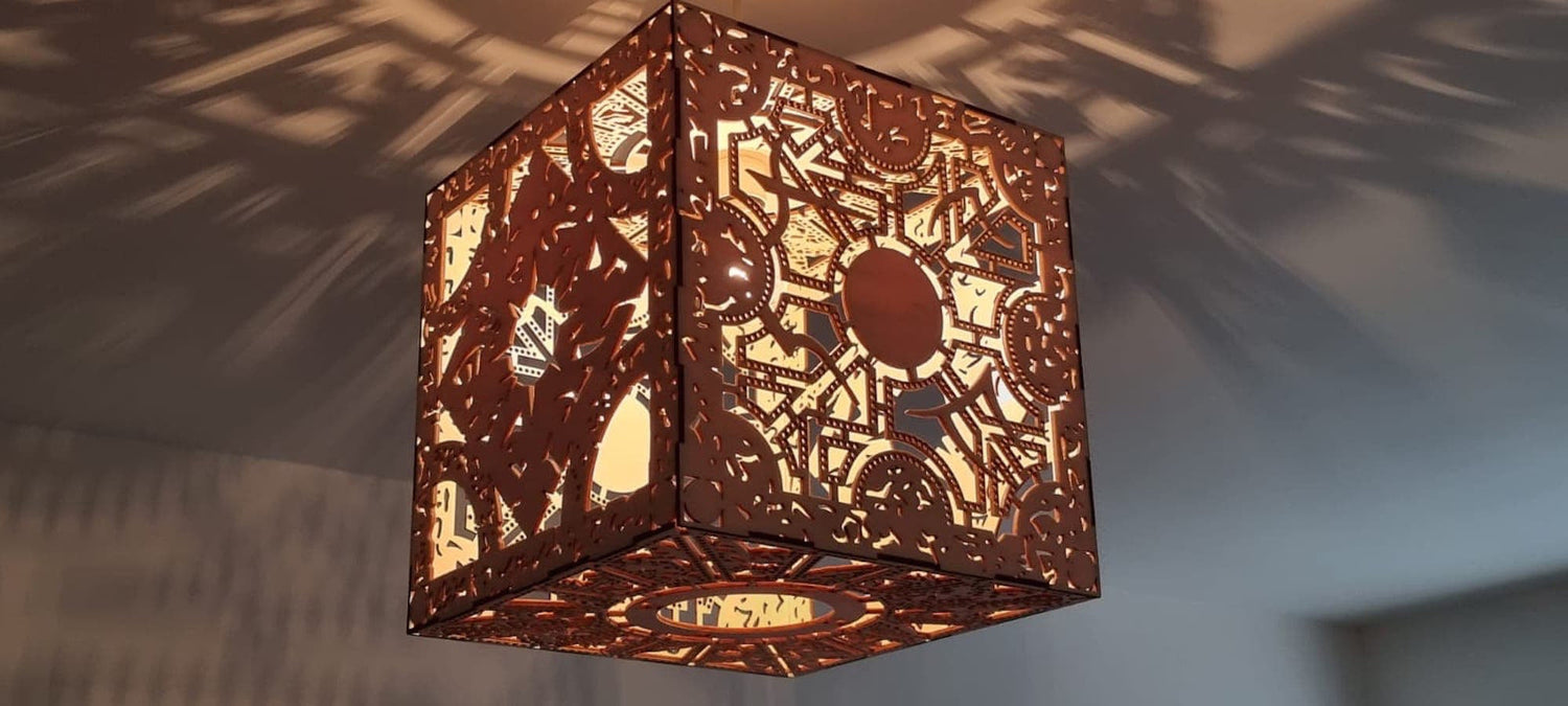 Bespoke made to order puzzle box detailed wooden light shade. - LaserGiftsuk