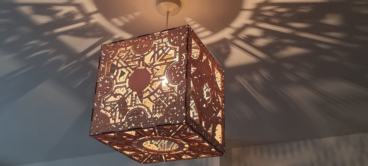 Bespoke made to order puzzle box detailed wooden light shade. - LaserGiftsuk