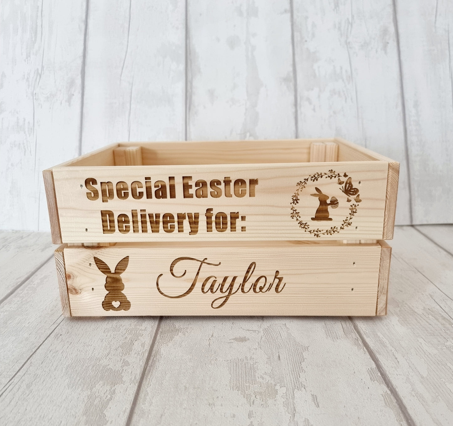 Personalised wooden Easter crate, treats.
