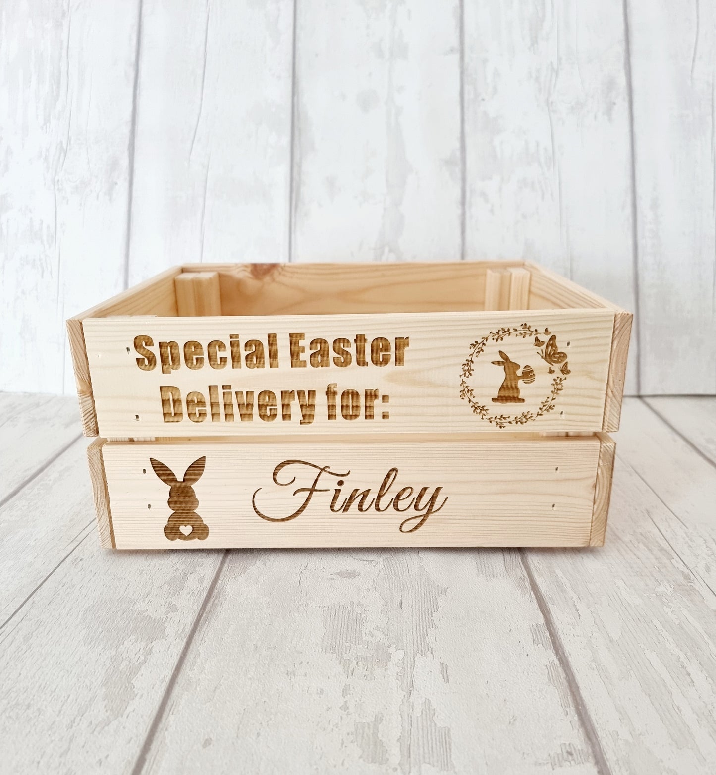 Personalised wooden Easter crate, treats.