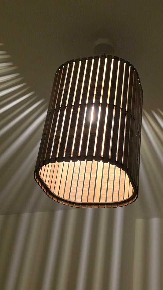 Wooden Slatted Lampshade – Modern Scandinavian Ceiling Pendant Light | Walnut Effect Statement Lighting UK