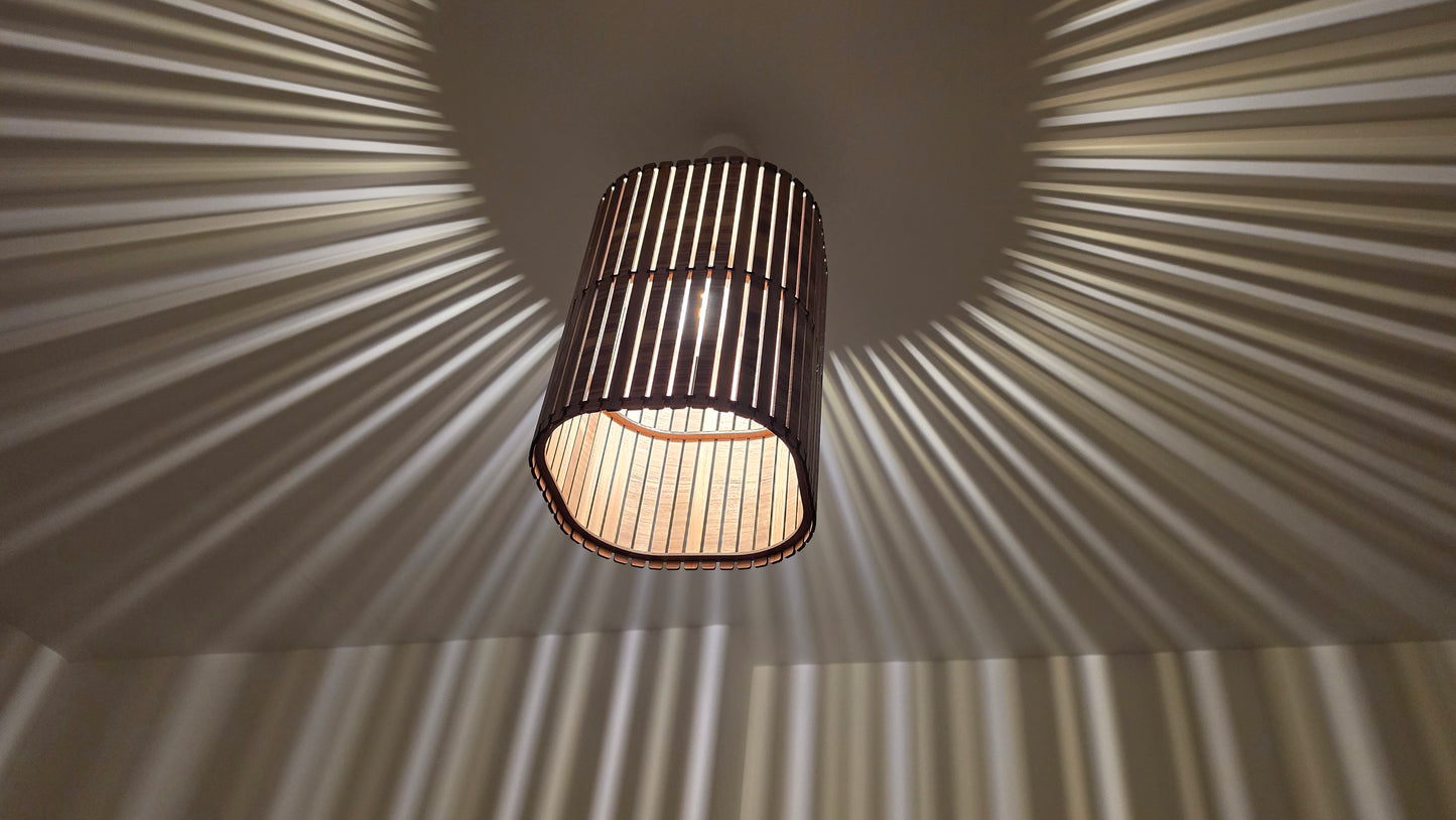 Wooden Slatted Lampshade – Modern Scandinavian Ceiling Pendant Light | Walnut Effect Statement Lighting UK