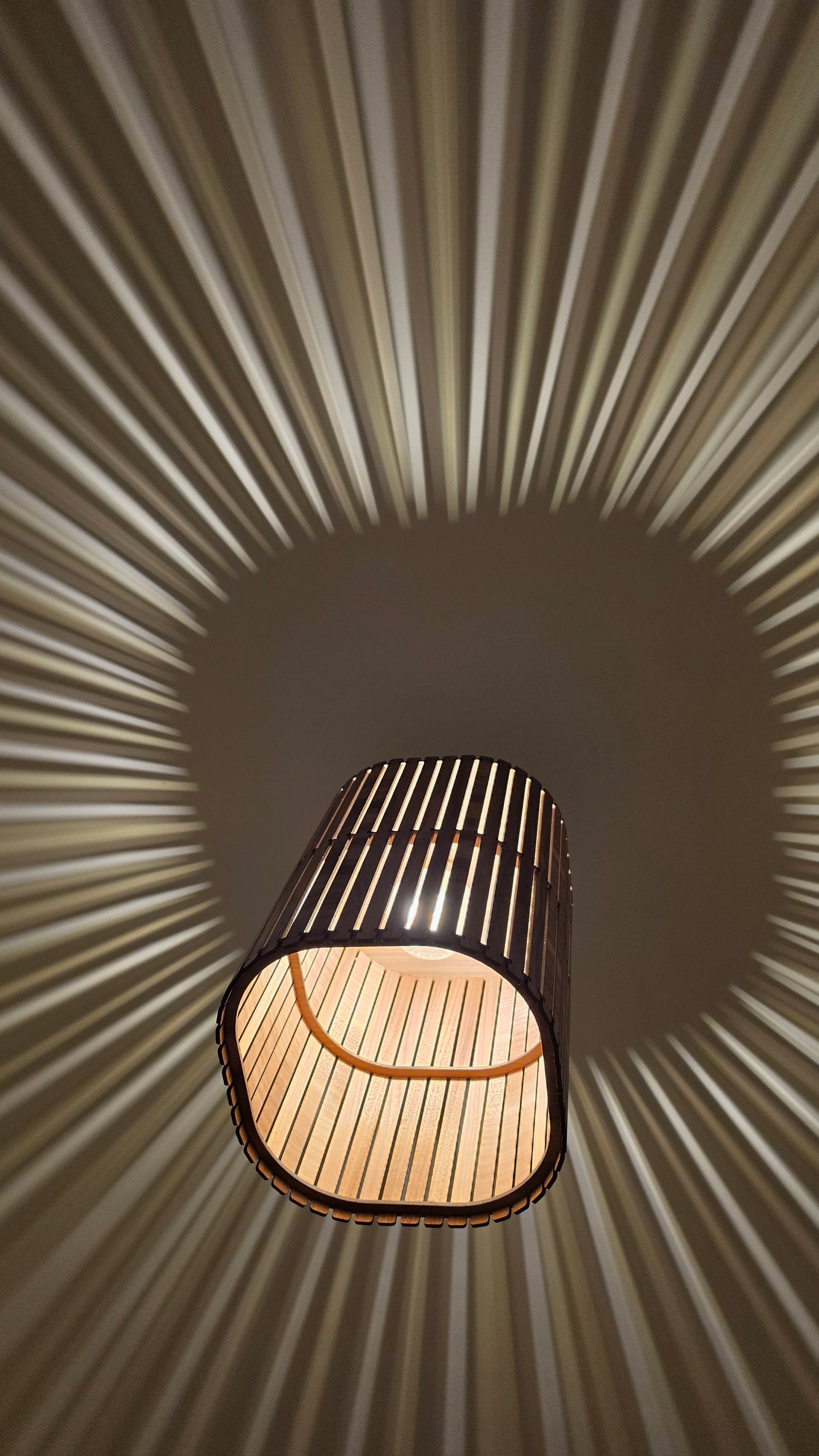 Wooden Slatted Lampshade – Modern Scandinavian Ceiling Pendant Light | Walnut Effect Statement Lighting UK