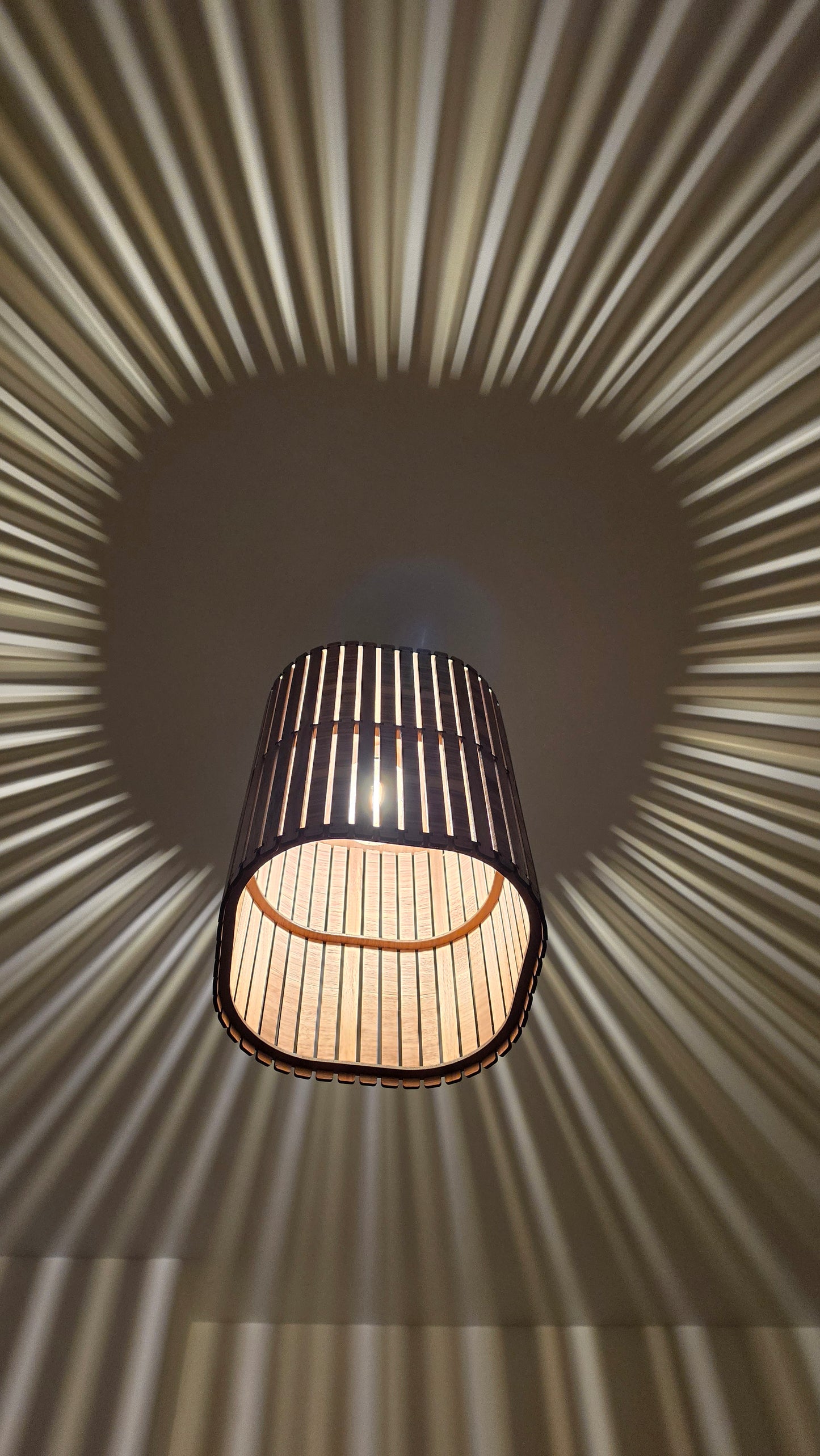 Wooden Slatted Lampshade – Modern Scandinavian Ceiling Pendant Light | Walnut Effect Statement Lighting UK