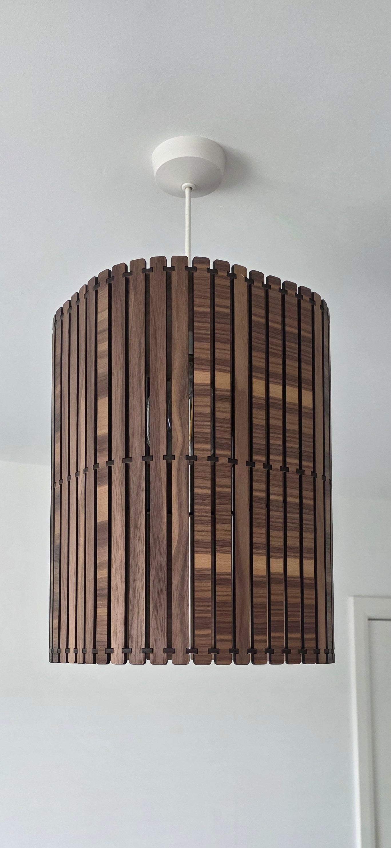 Wooden Slatted Lampshade – Modern Scandinavian Ceiling Pendant Light | Walnut Effect Statement Lighting UK