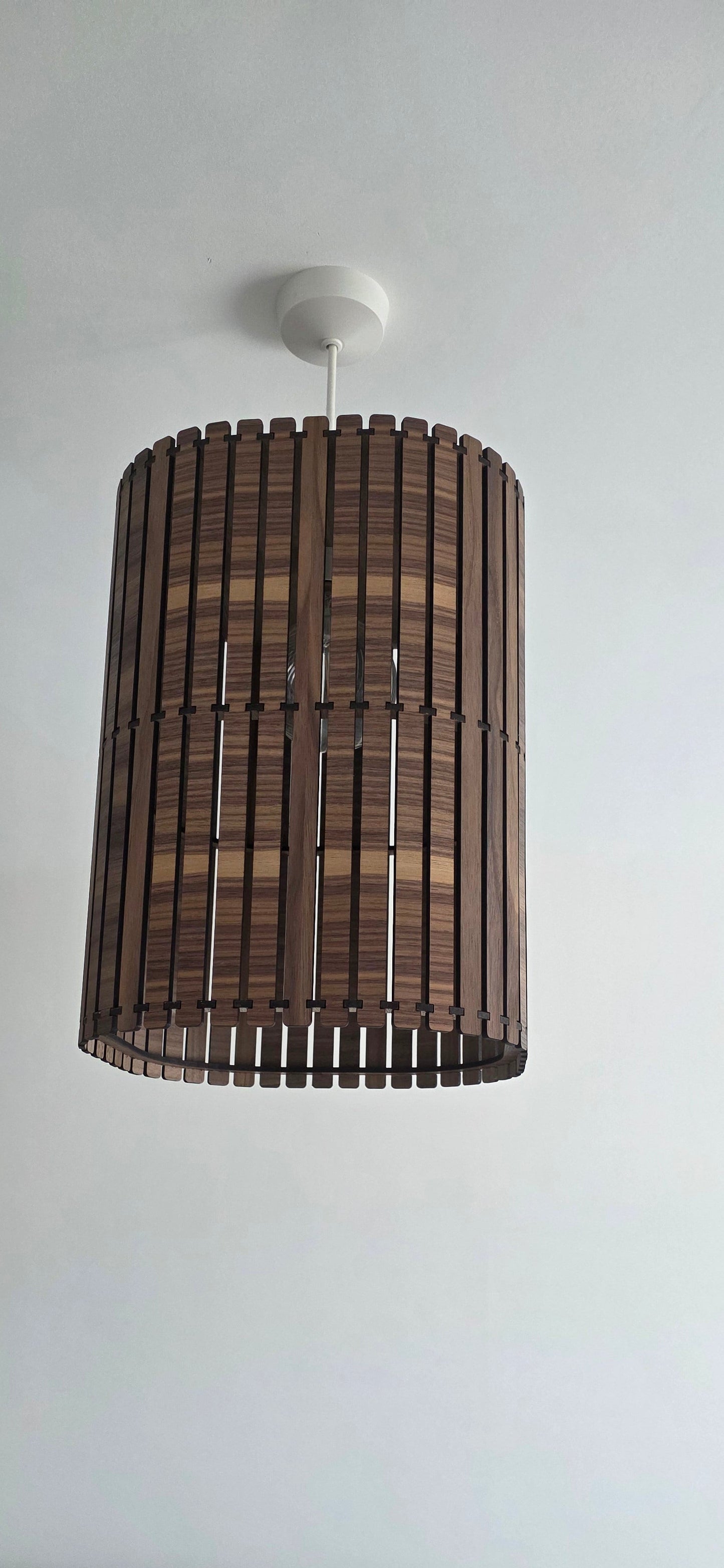 Wooden Slatted Lampshade – Modern Scandinavian Ceiling Pendant Light | Walnut Effect Statement Lighting UK