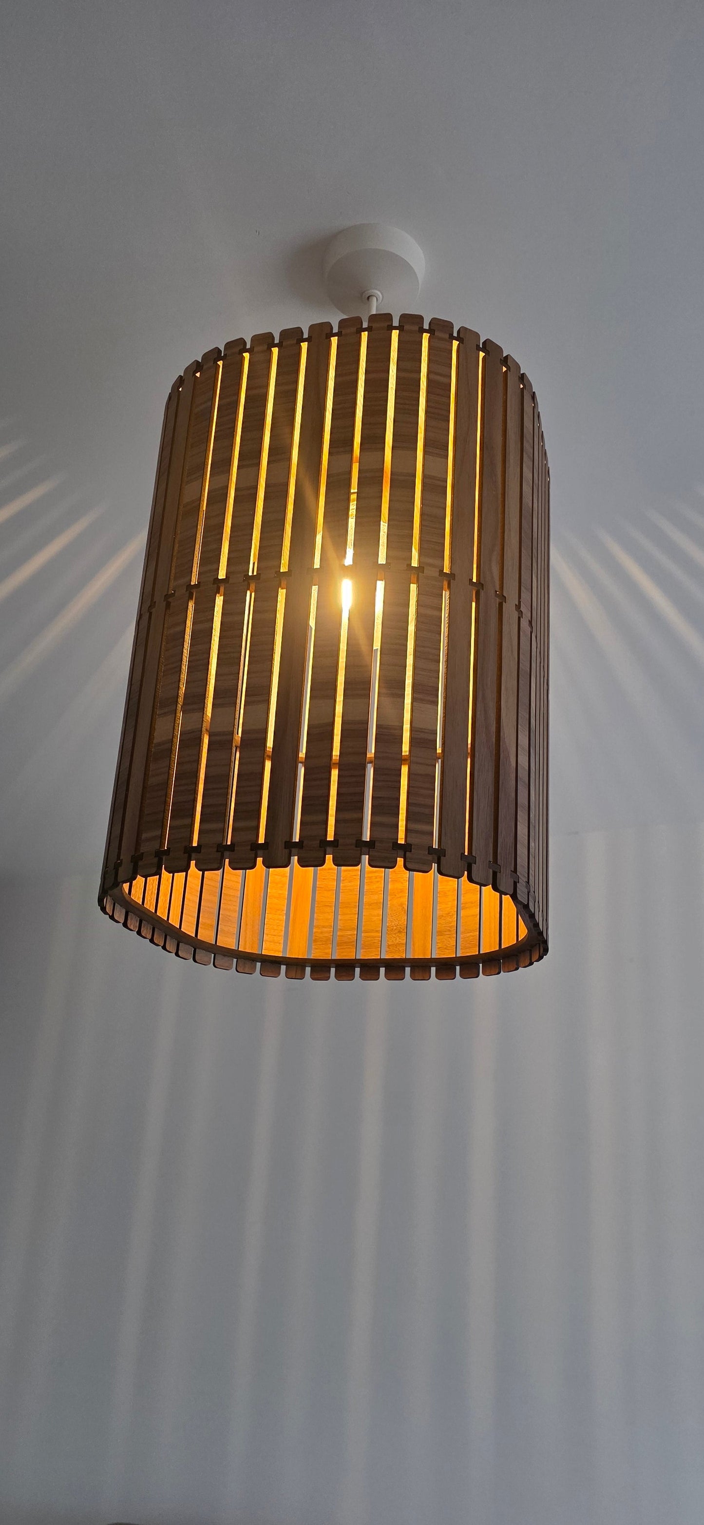 Wooden Slatted Lampshade – Modern Scandinavian Ceiling Pendant Light | Walnut Effect Statement Lighting UK